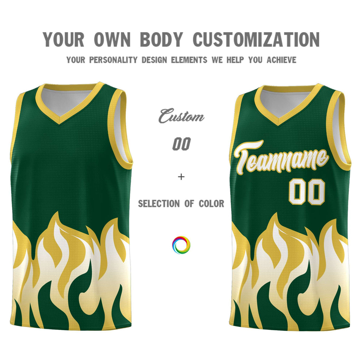 Custom Kelly Green Old Gold Hem Flame Pattern Fashion Sports Uniform Basketball jersey
