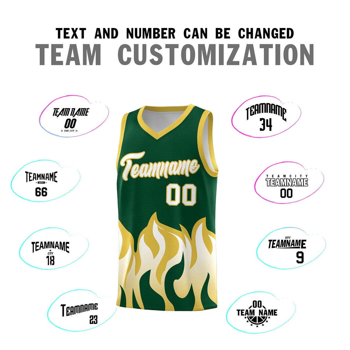 Custom Kelly Green Old Gold Hem Flame Pattern Fashion Sports Uniform Basketball jersey