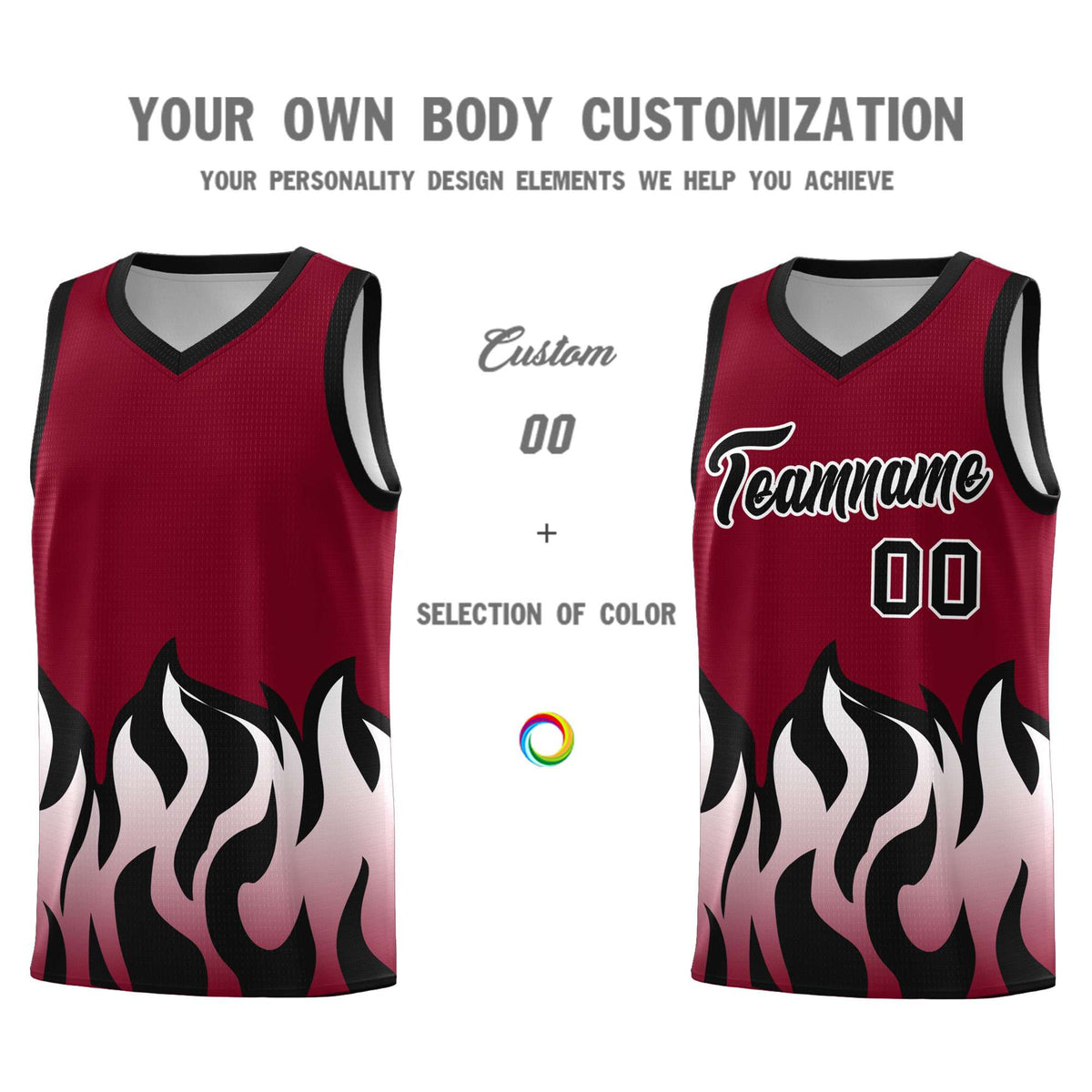 Custom Crimson Black Hem Flame Pattern Fashion Sports Uniform Basketball jersey