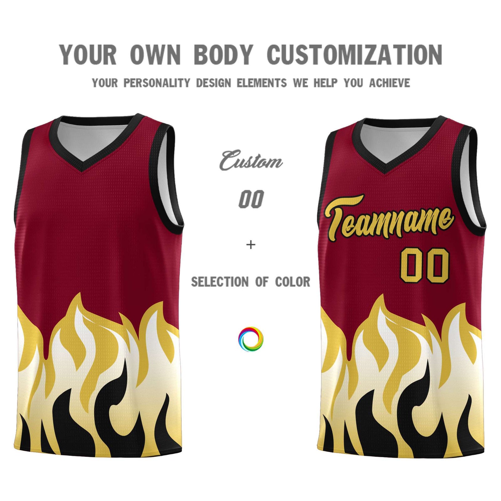 Custom Crimson Old Gold Hem Flame Pattern Fashion Sports Uniform Basketball jersey