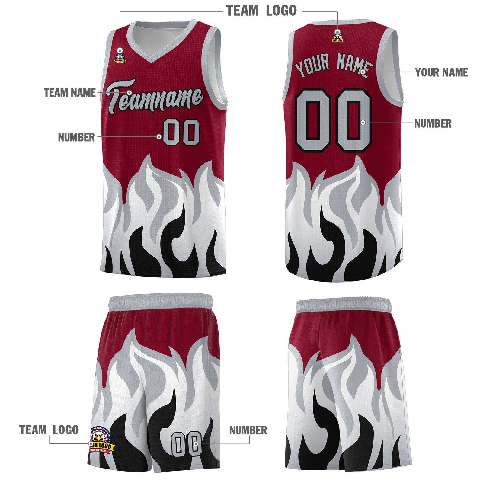 Custom Crimson Gray Hem Flame Pattern Fashion Sports Uniform Basketball jersey