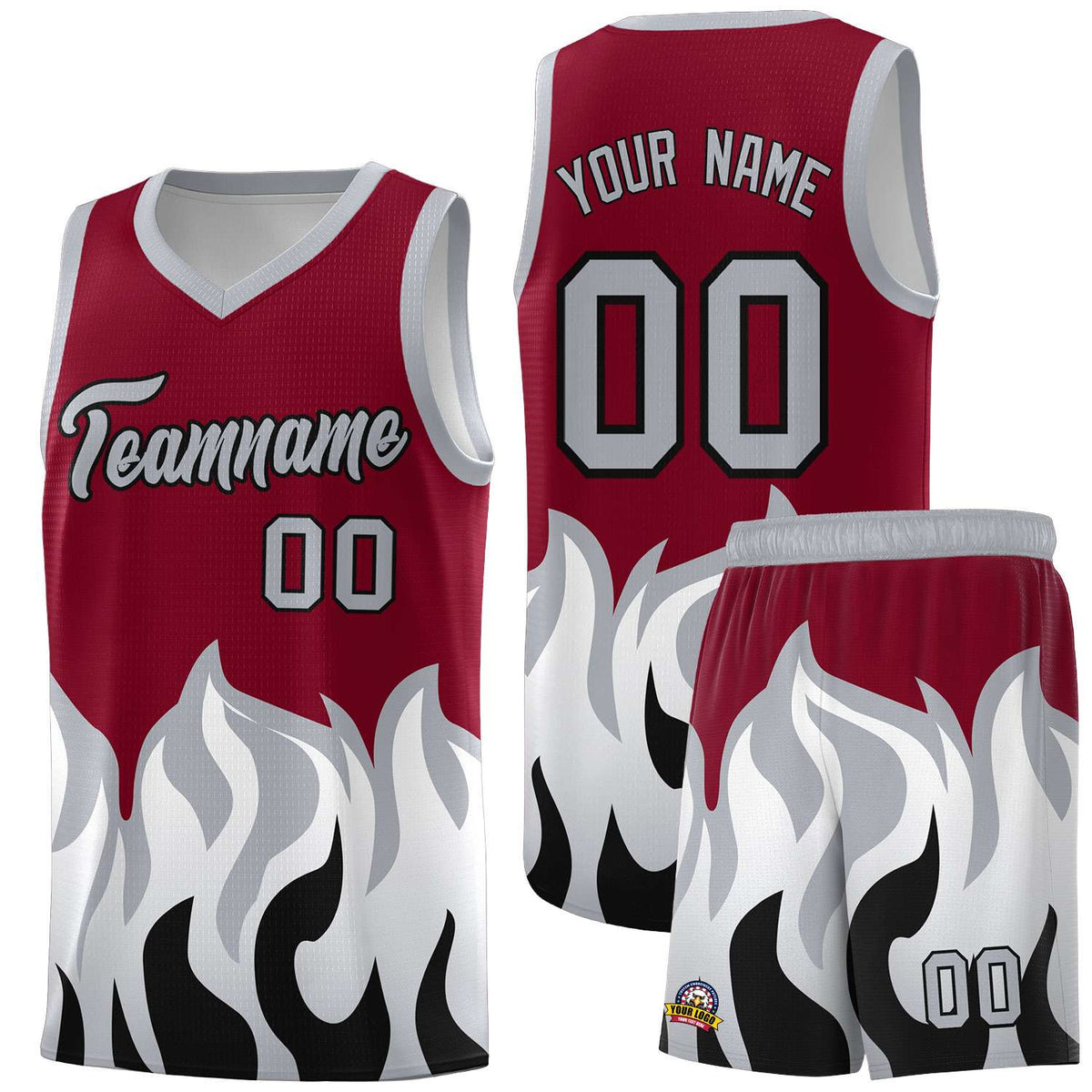 Custom Crimson Gray Hem Flame Pattern Fashion Sports Uniform Basketball jersey