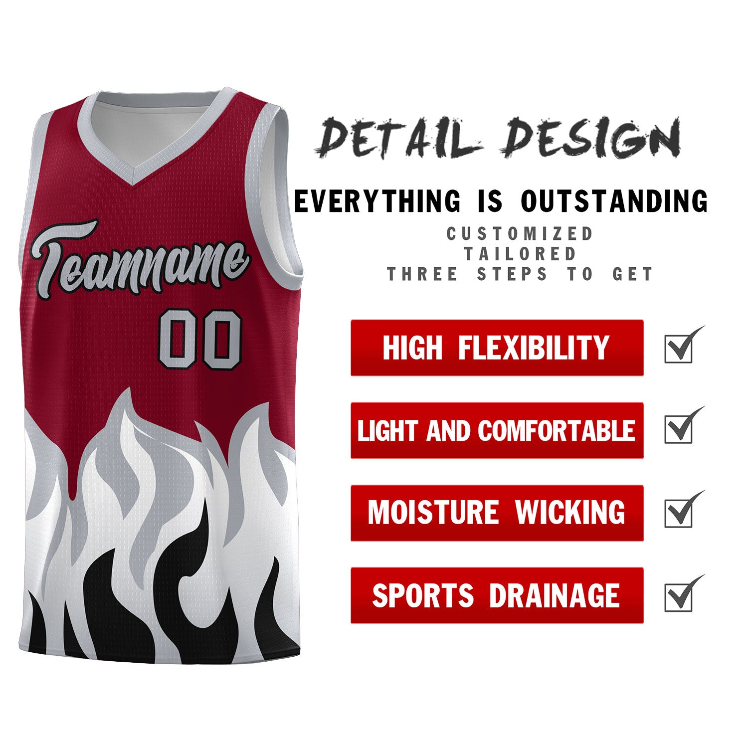 Custom Crimson Gray Hem Flame Pattern Fashion Sports Uniform Basketball jersey