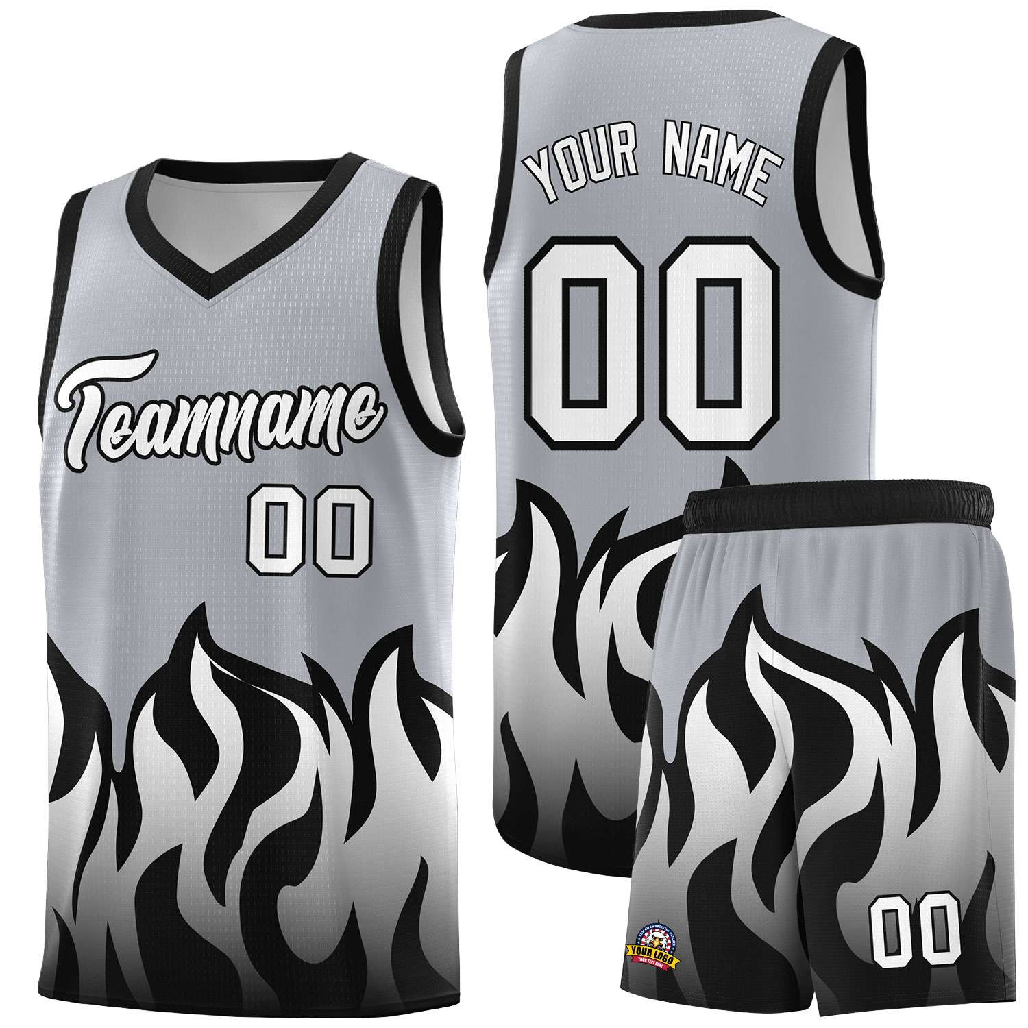 Custom Gray Black Hem Flame Pattern Fashion Sports Uniform Basketball jersey