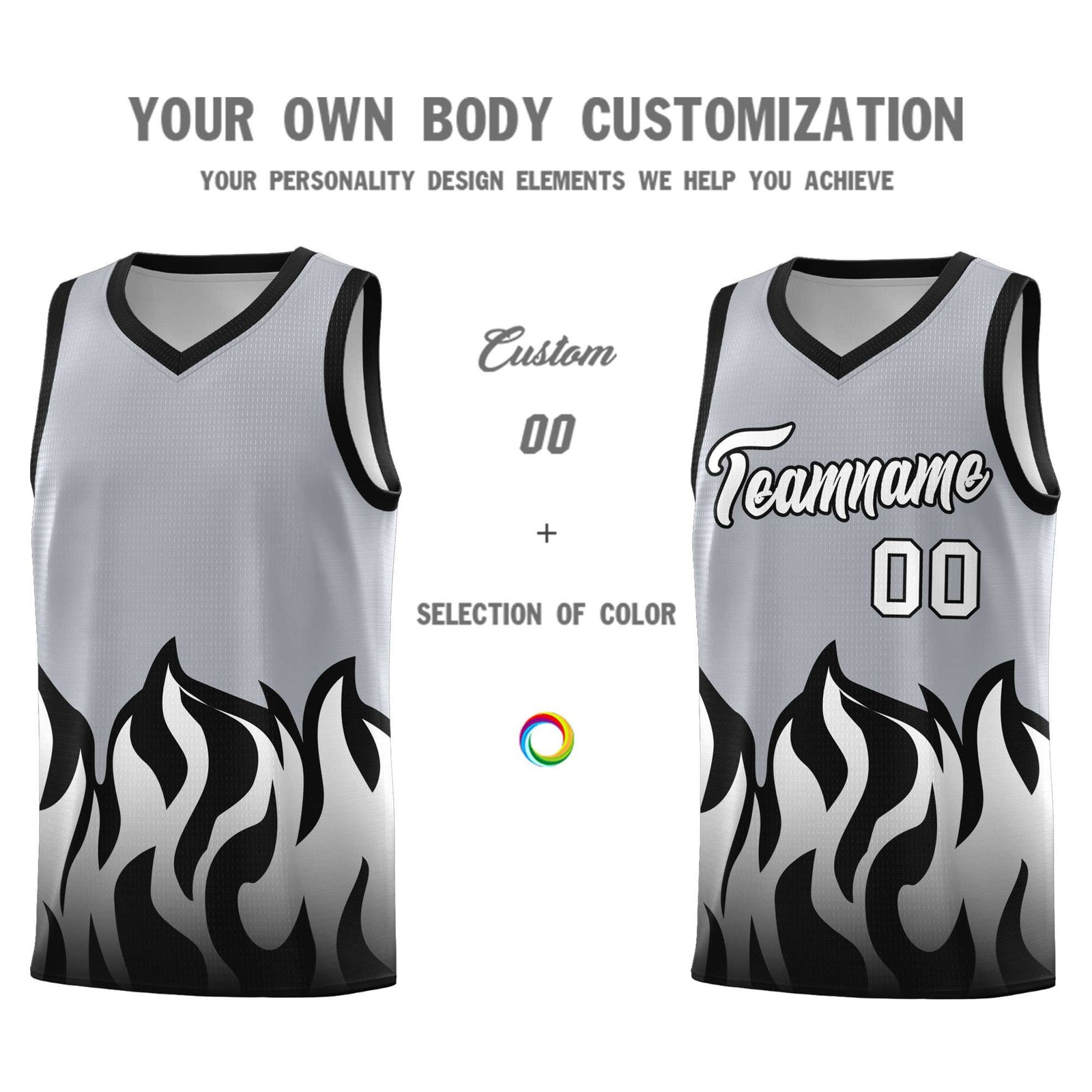 Custom Gray Black Hem Flame Pattern Fashion Sports Uniform Basketball jersey