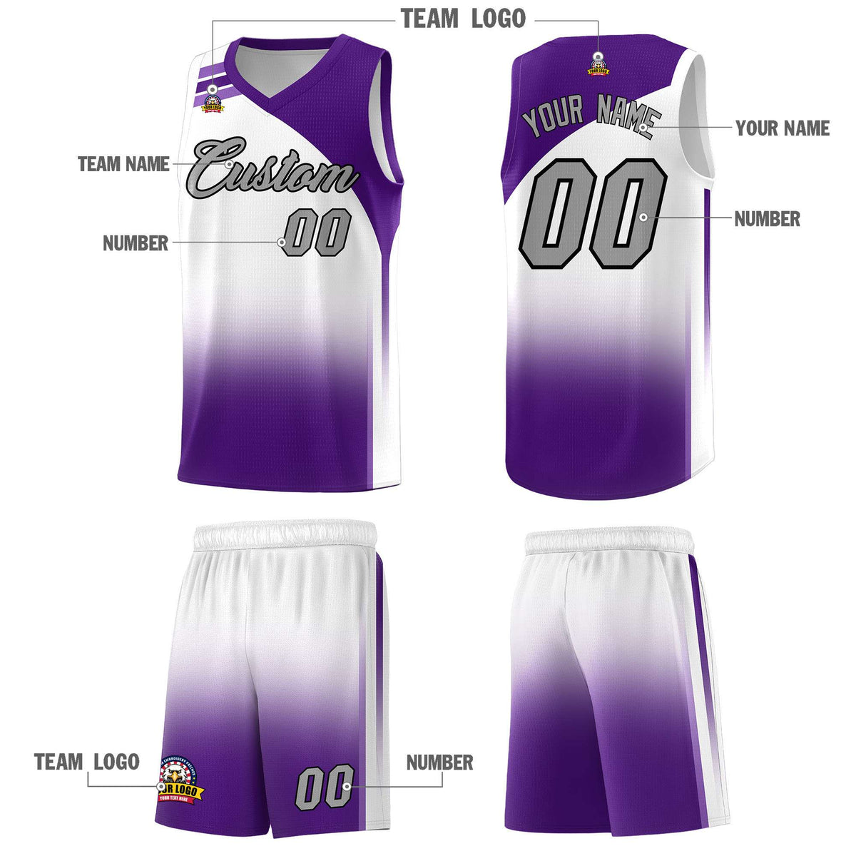 Custom White Purple Gradient Fashion Sets Sports Uniform Basketball Jersey