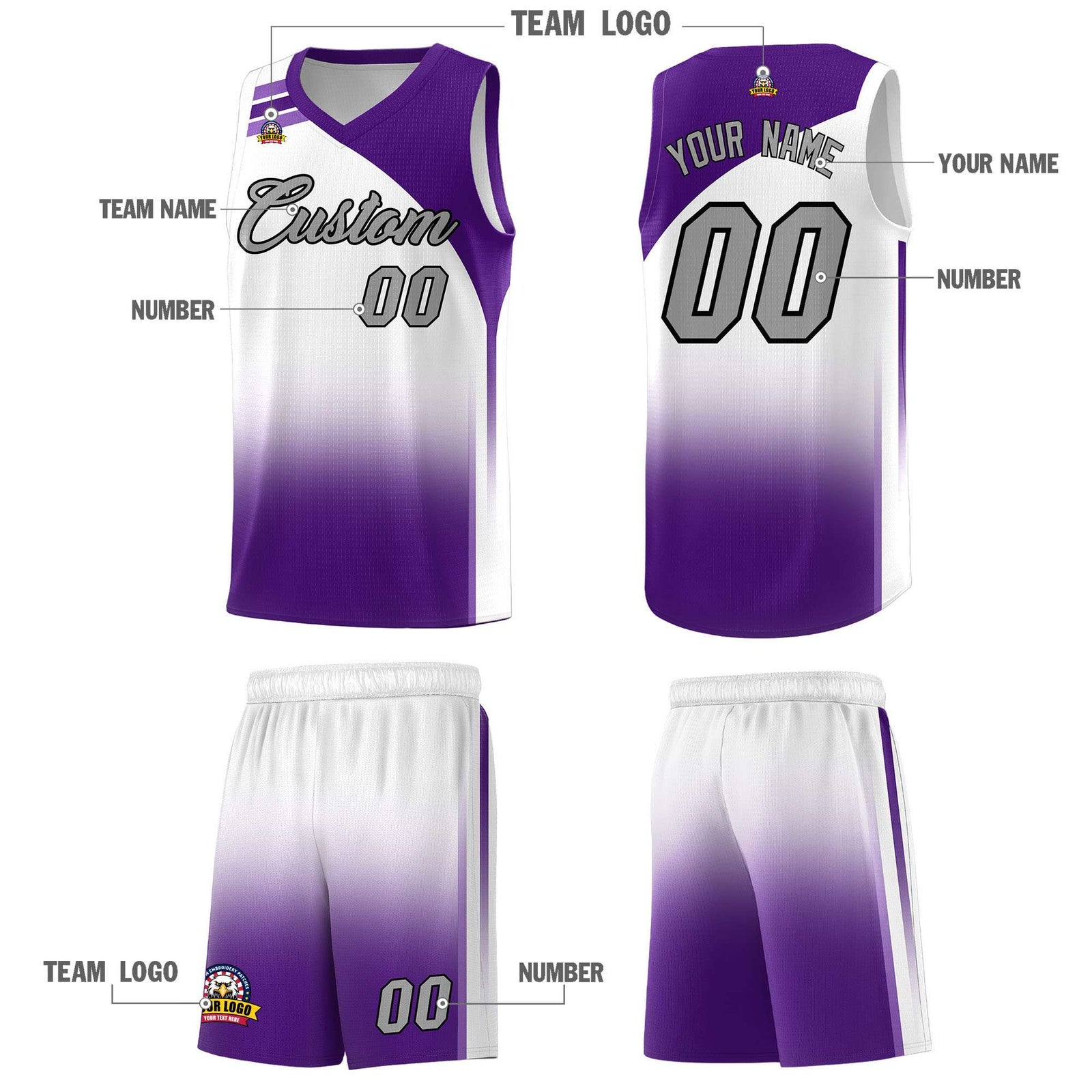 Custom White Purple Gradient Fashion Sets Sports Uniform Basketball Jersey