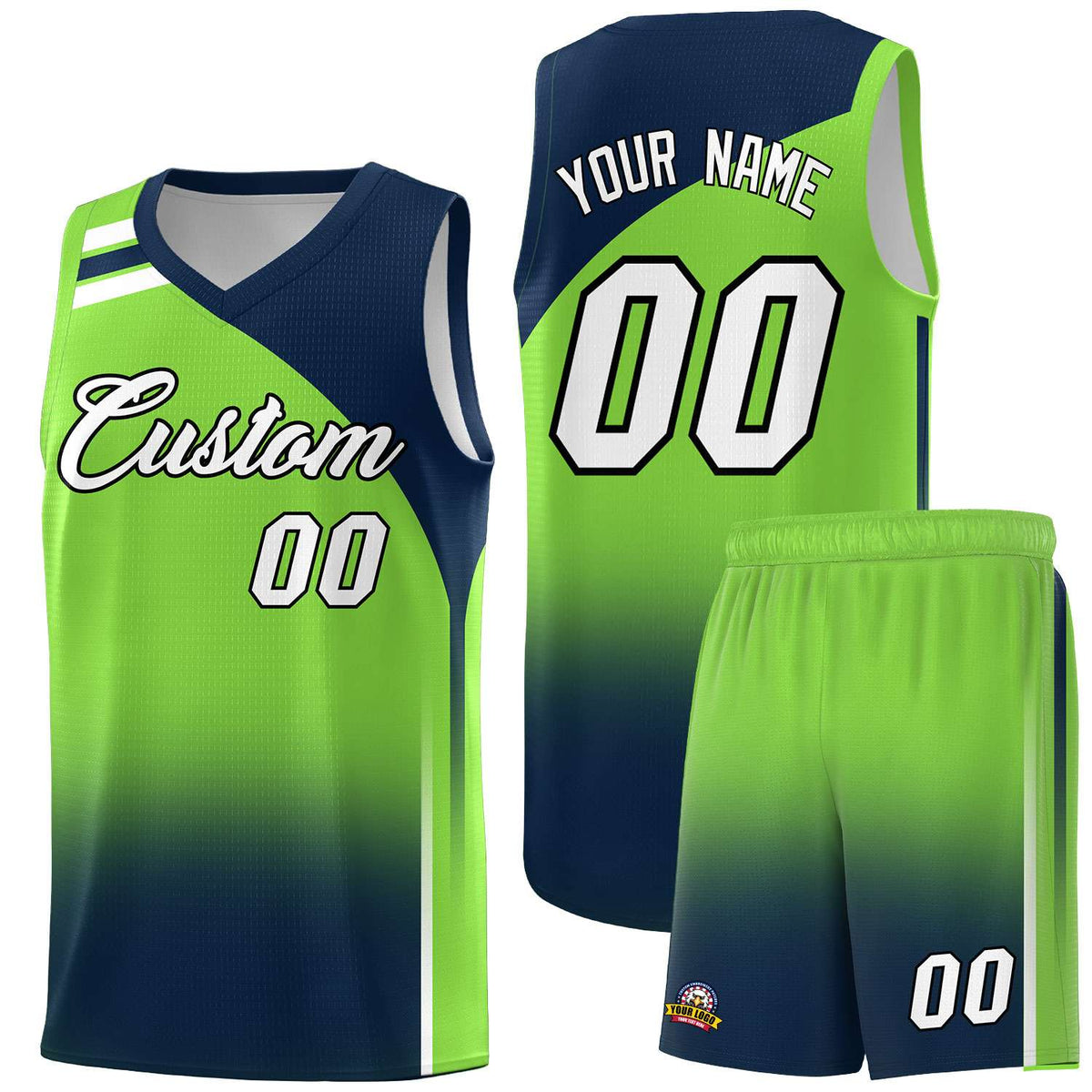 Custom Fluorescent Green and Navy Gradient Fashion Sets Sports Uniform Basketball Jersey