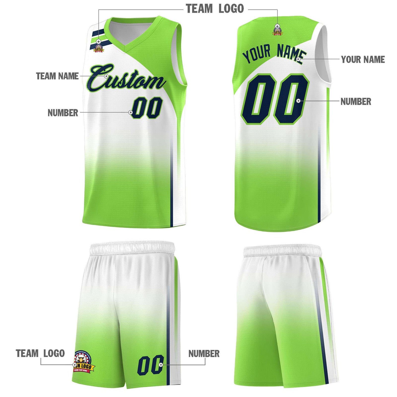Custom White Fluorescent Green Gradient Fashion Sets Sports Uniform Basketball Jersey