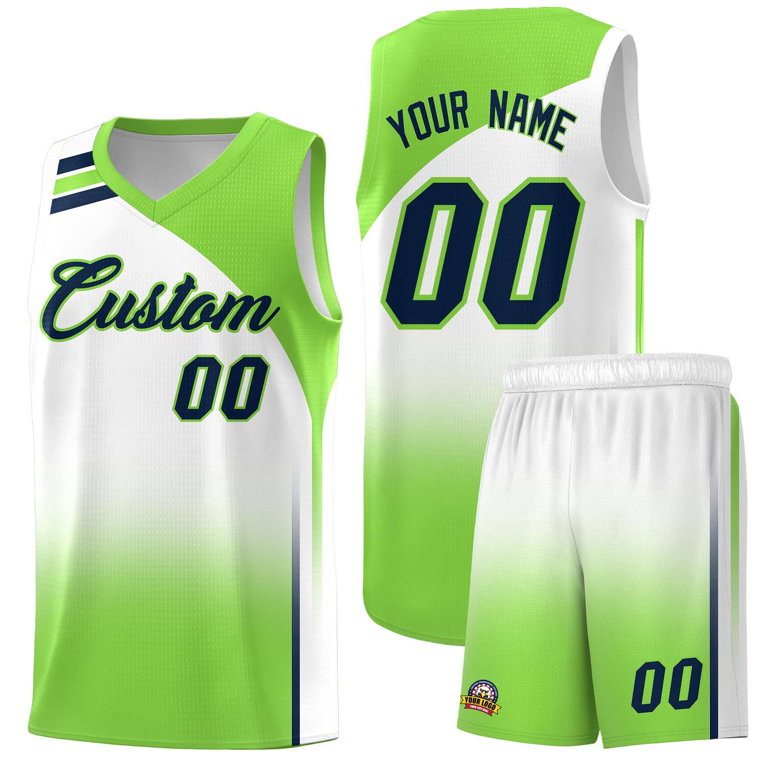 Custom White and Fluorescent Green Gradient Fashion Sets Sports Uniform Basketball Jersey