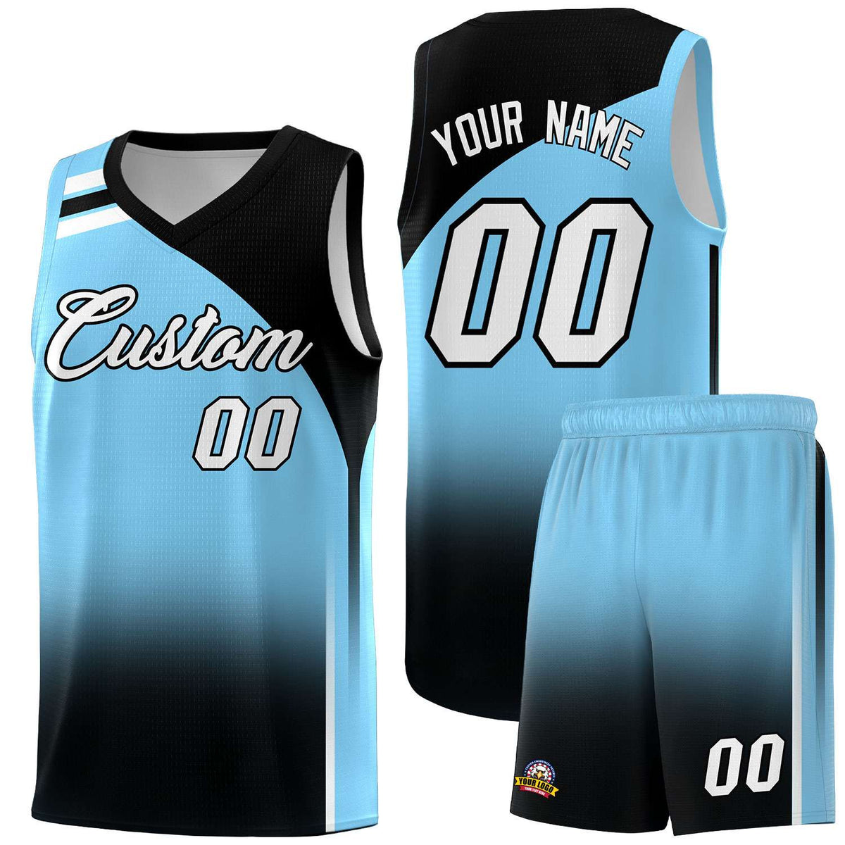 Custom Light Blue and Black Gradient Fashion Sets Sports Uniform Basketball Jersey