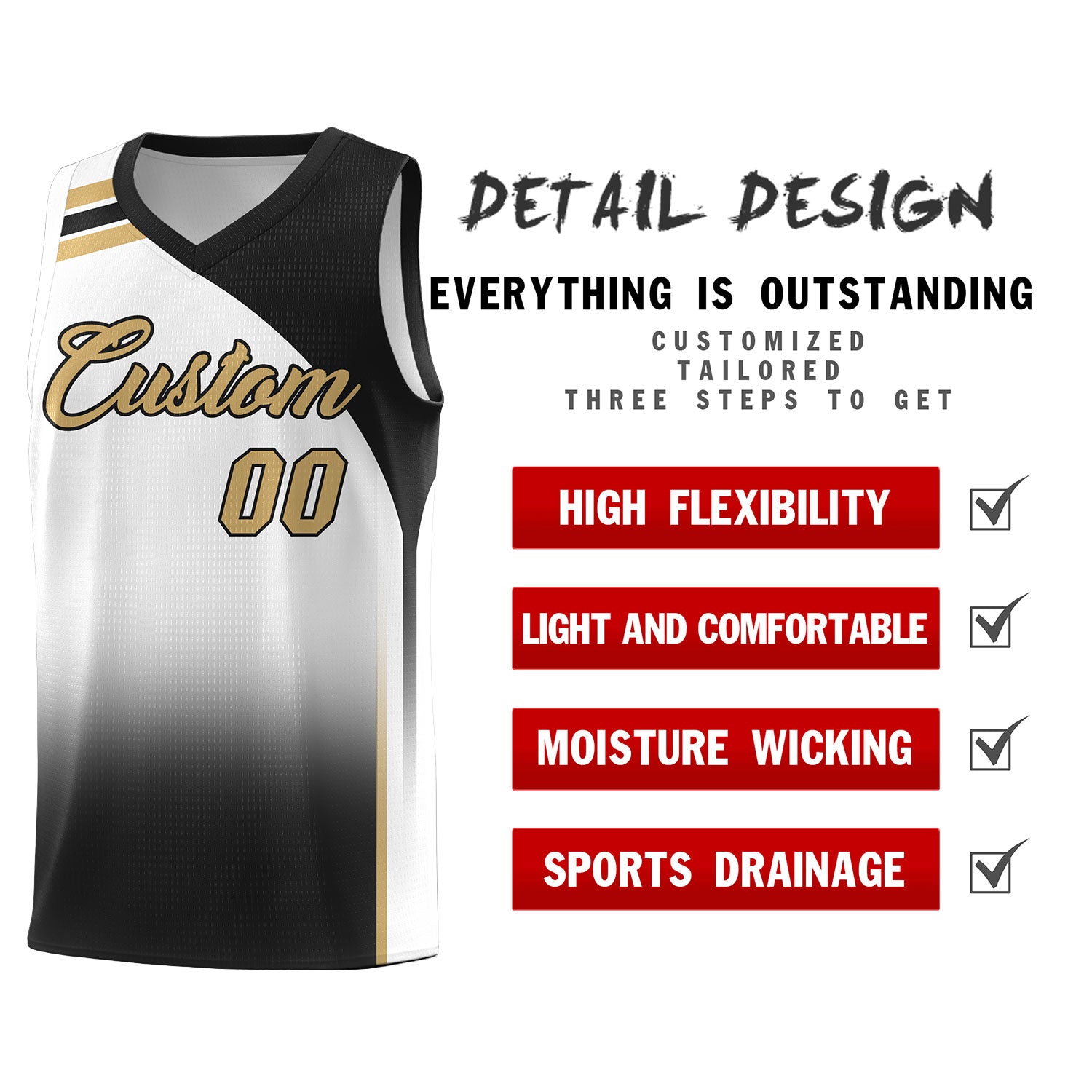 Custom White and Black Gradient Fashion Sets Sports Uniform Basketball Jersey