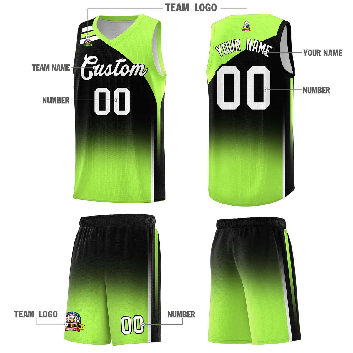 Custom Black Fluorescent Green Gradient Fashion Sets Sports Uniform Basketball Jersey