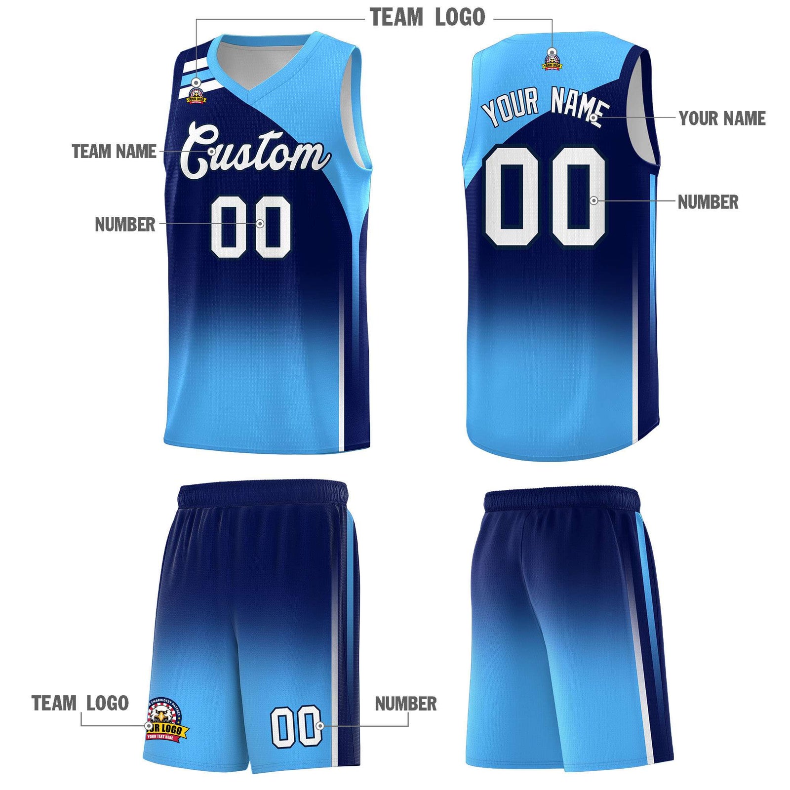 Custom Navy Powder Blue Gradient Fashion Sets Sports Uniform Basketball Jersey