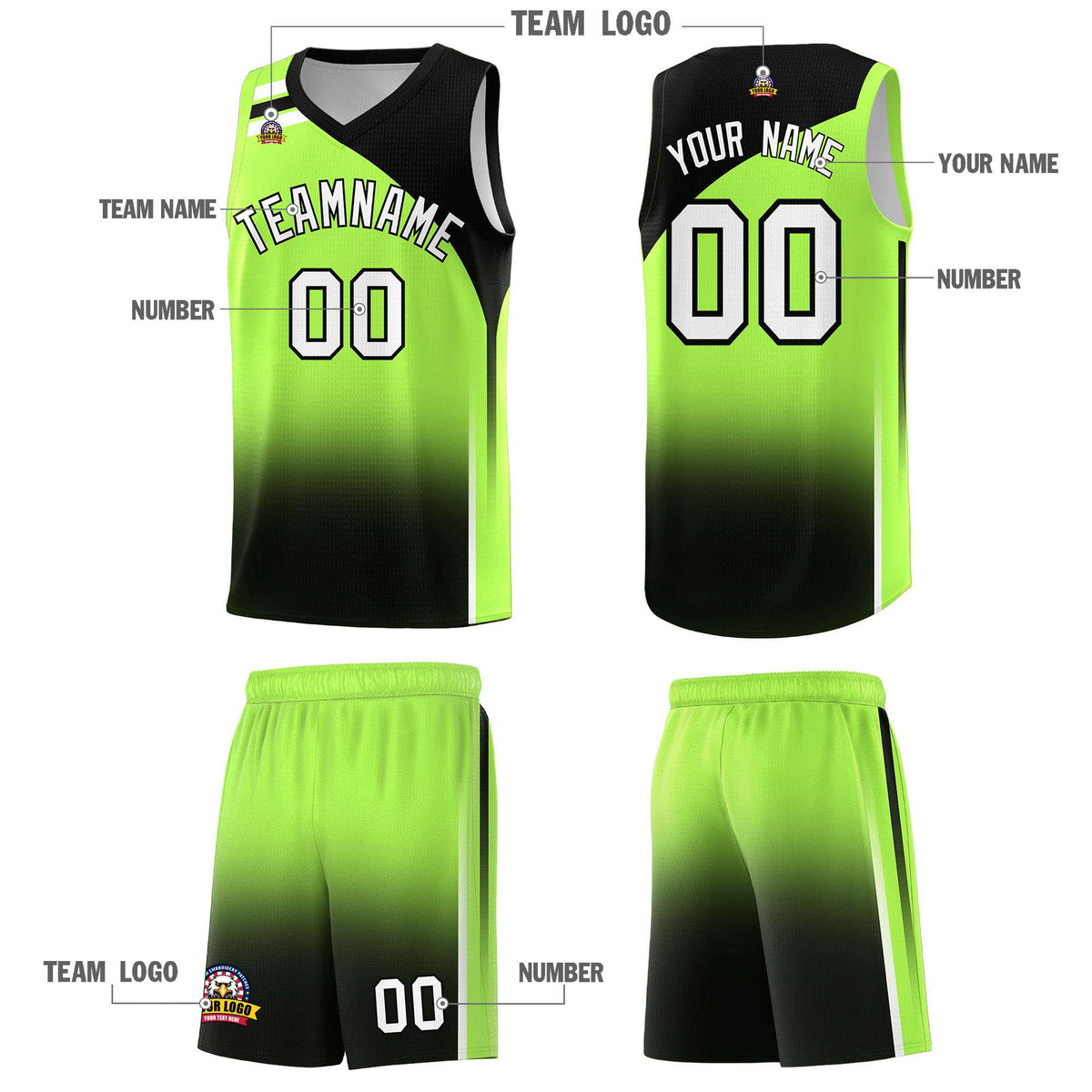 Custom Fluorescent Green Black Gradient Fashion Sets Sports Uniform Basketball Jersey