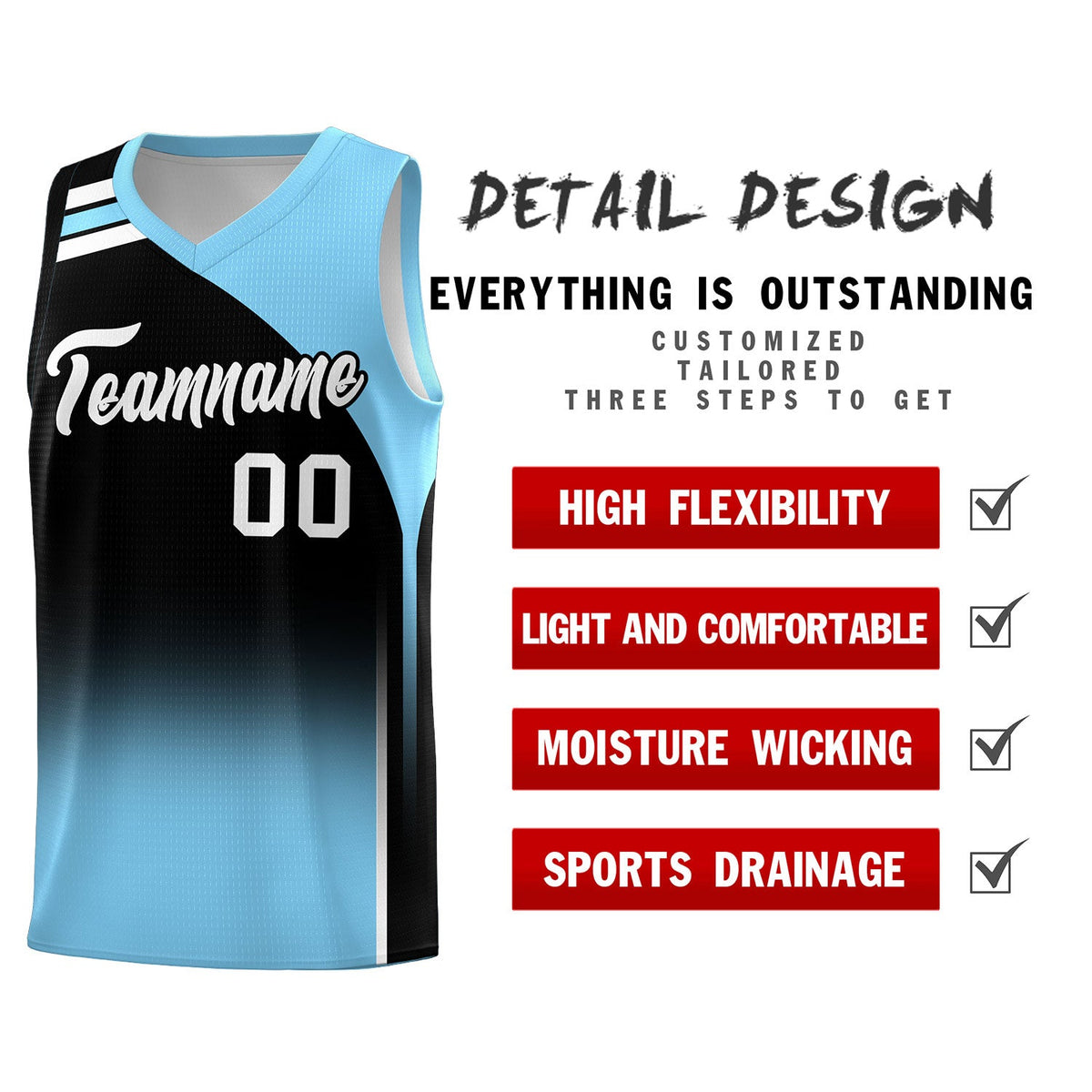 Custom Black Light Blue Gradient Fashion Sets Sports Uniform Basketball Jersey
