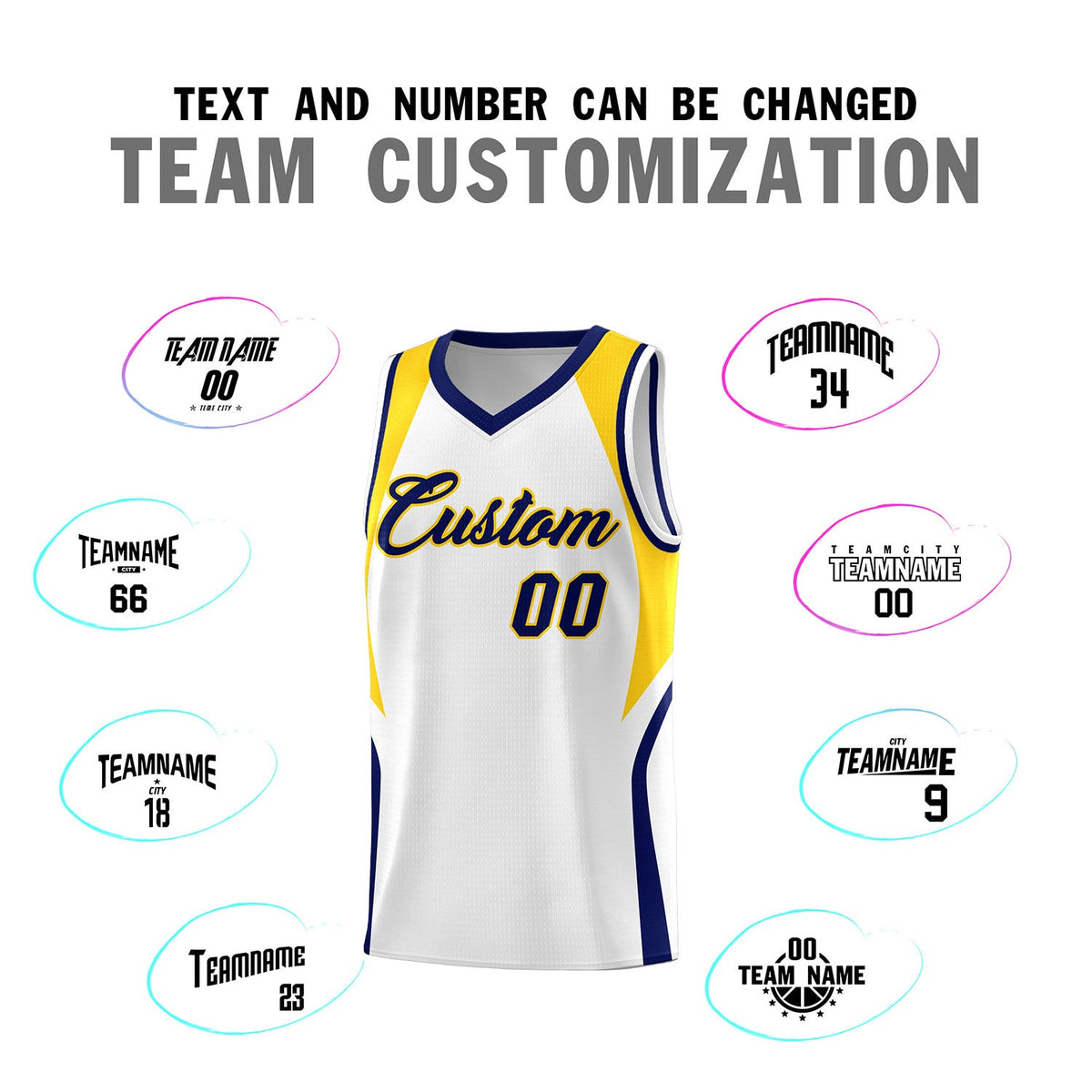 Custom White Navy and Gold Color Block Sports Uniform Basketball Jersey