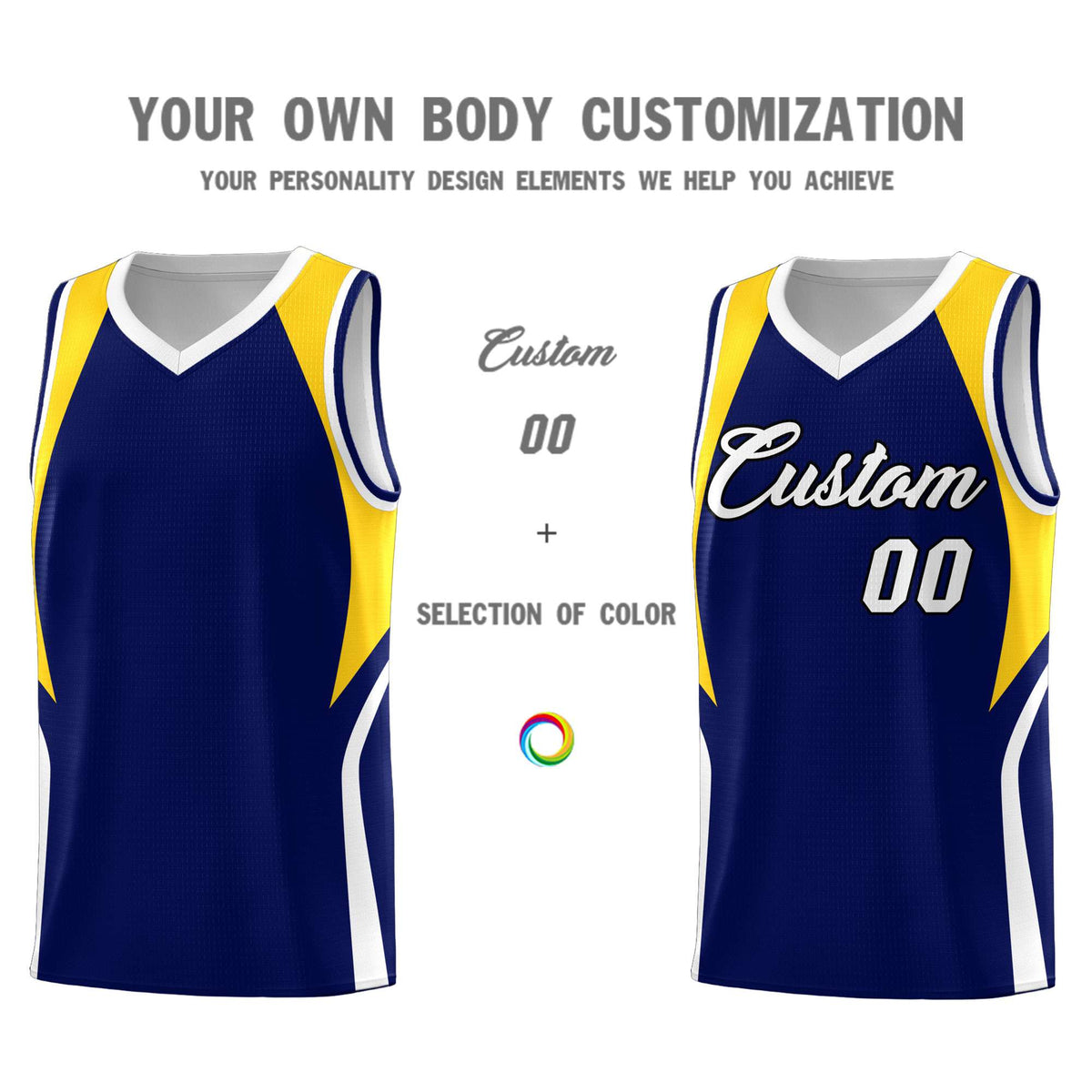 Custom Navy Gold and White Color Block Sports Uniform Basketball Jersey