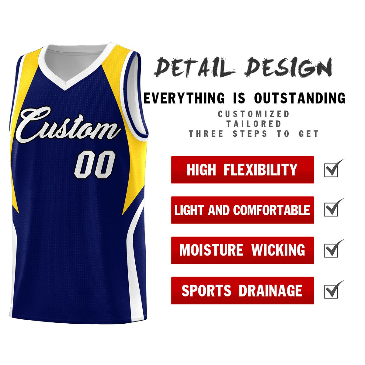 Custom Navy Gold and White Color Block Sports Uniform Basketball Jersey