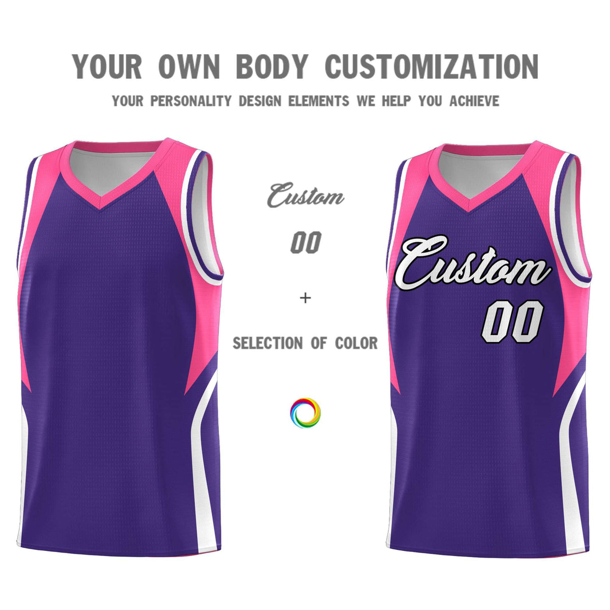 Custom Purple Pink and White Color Block Sports Uniform Basketball Jersey