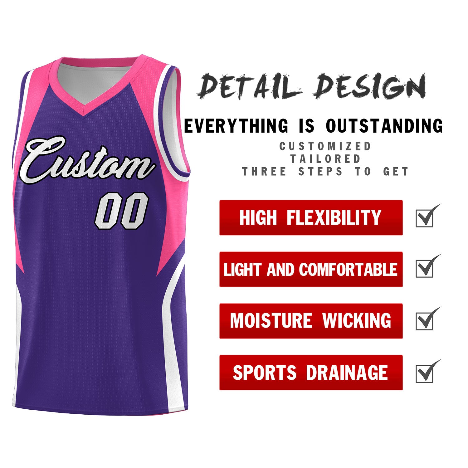 Custom Purple Pink and White Color Block Sports Uniform Basketball Jersey