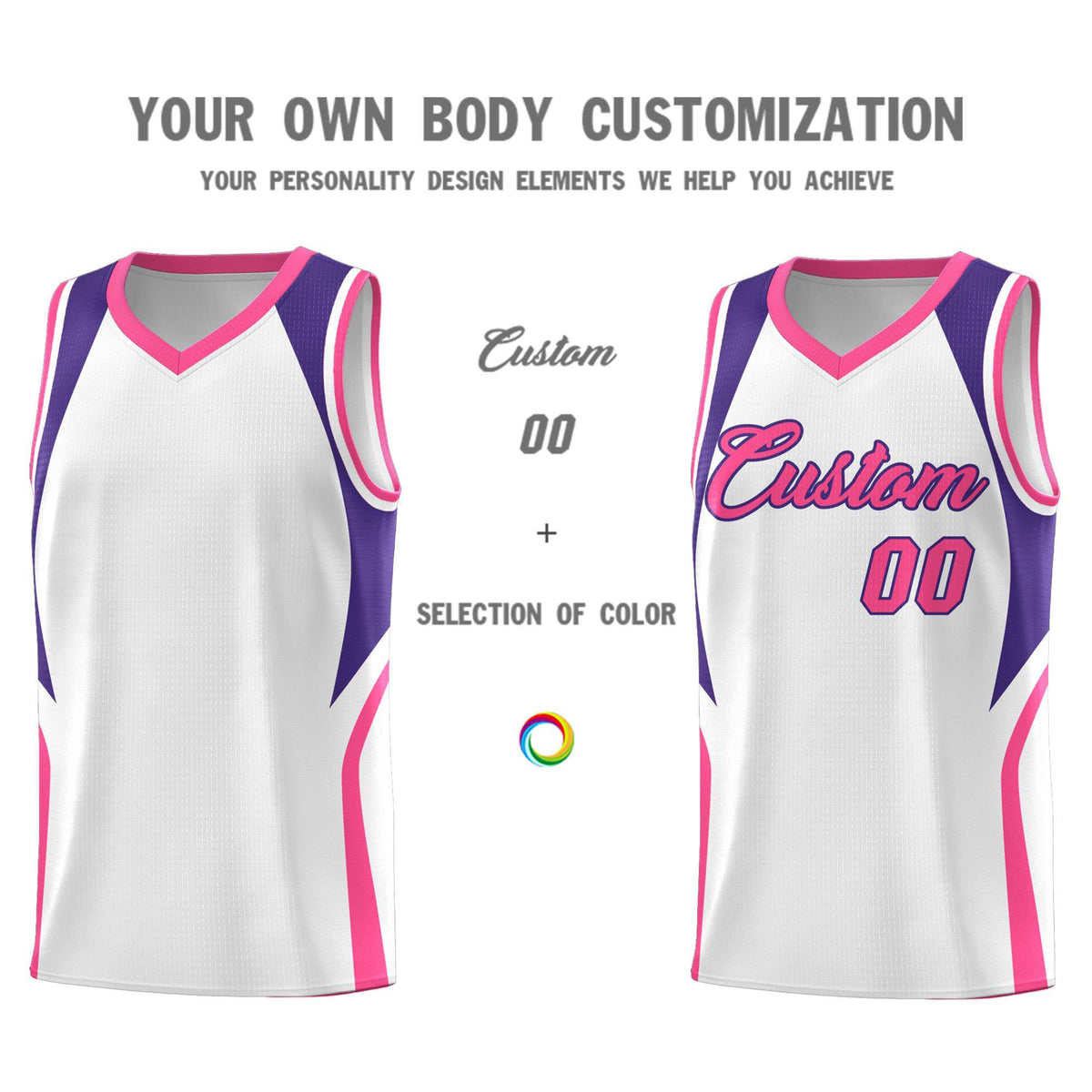 Custom White Purple and Pink Color Block Sports Uniform Basketball Jersey