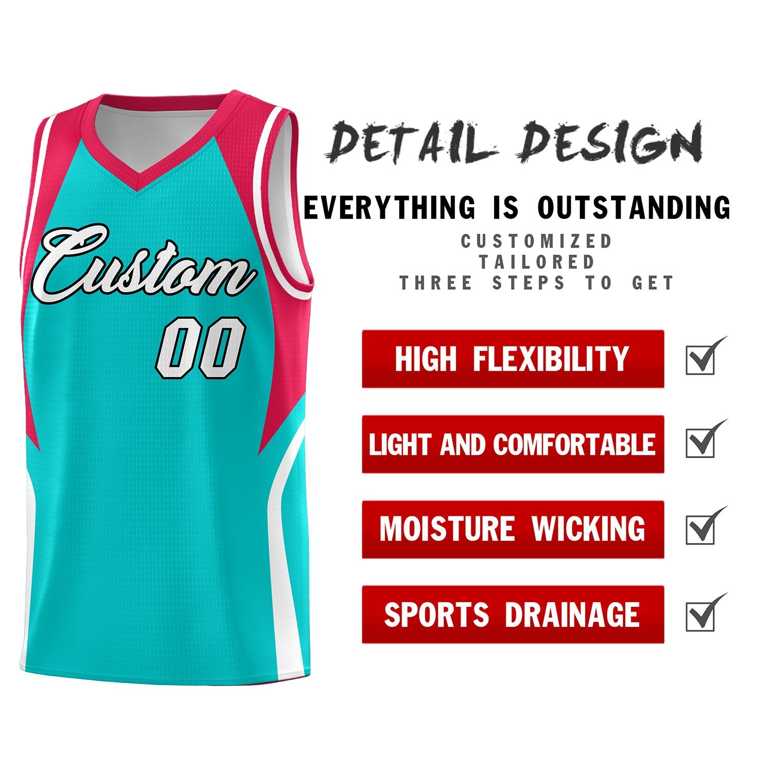 Custom Aqua Red and White Color Block Sports Uniform Basketball Jersey