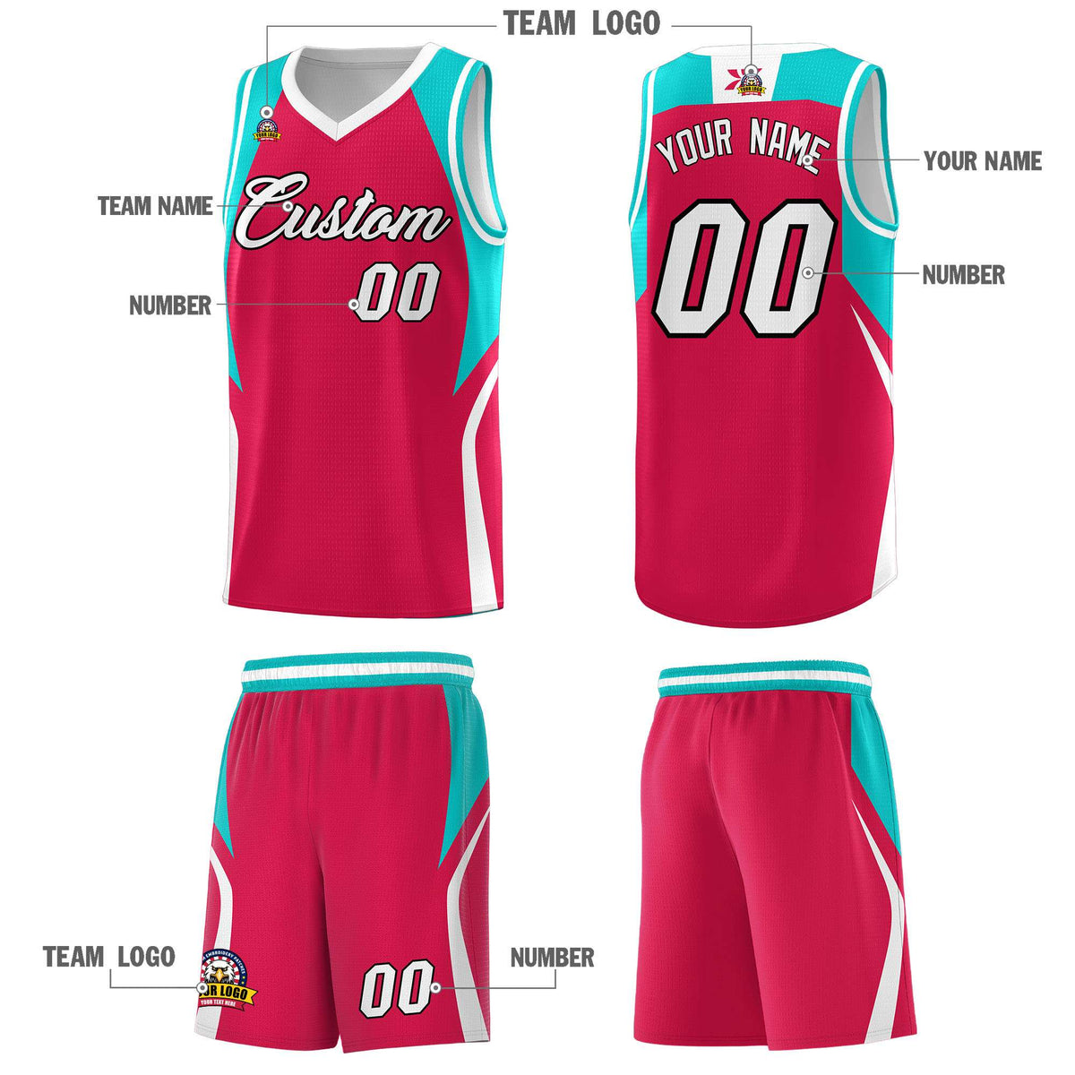Custom Red Aqua and White Color Block Sports Uniform Basketball Jersey