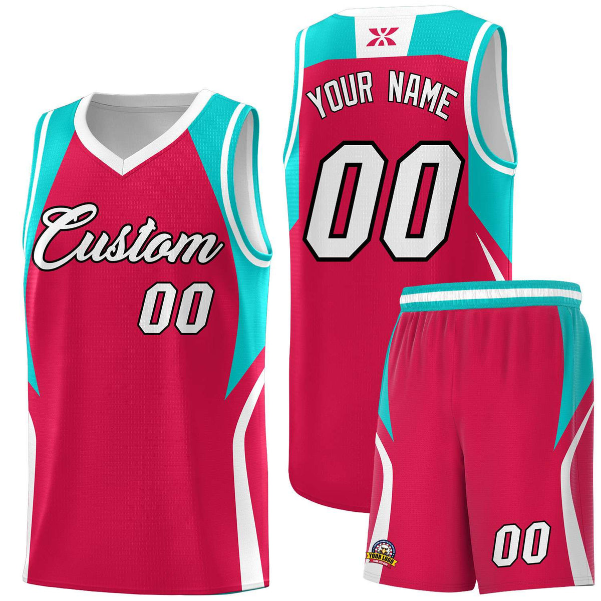 Custom Red Aqua and White Color Block Sports Uniform Basketball Jersey