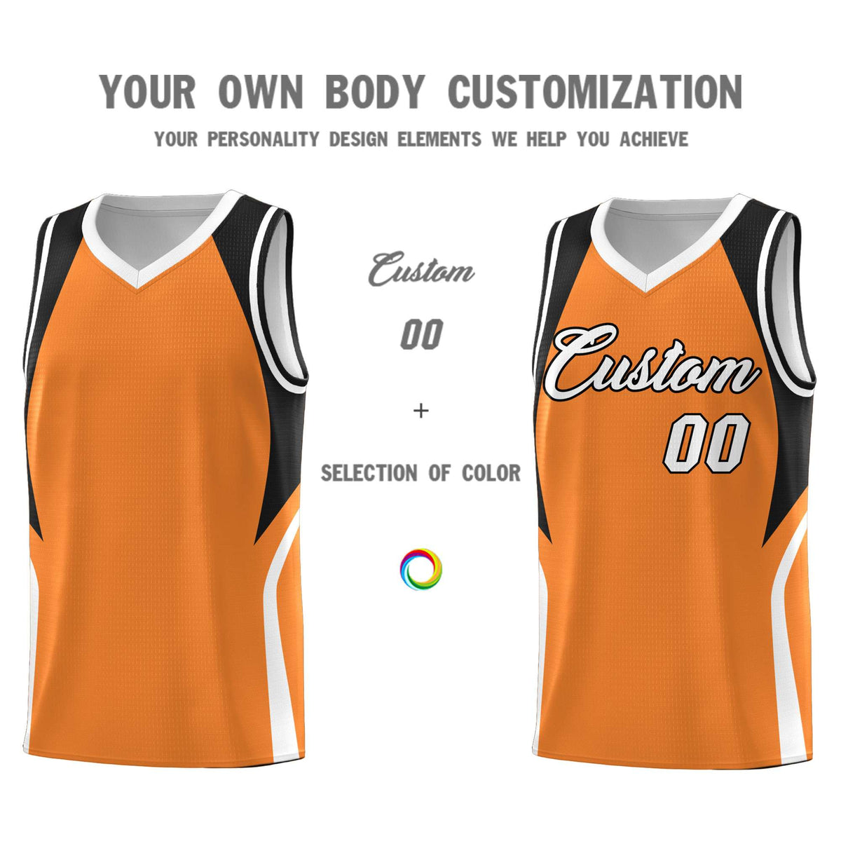 Custom Gold Orange Black and White Color Block Sports Uniform Basketball Jersey