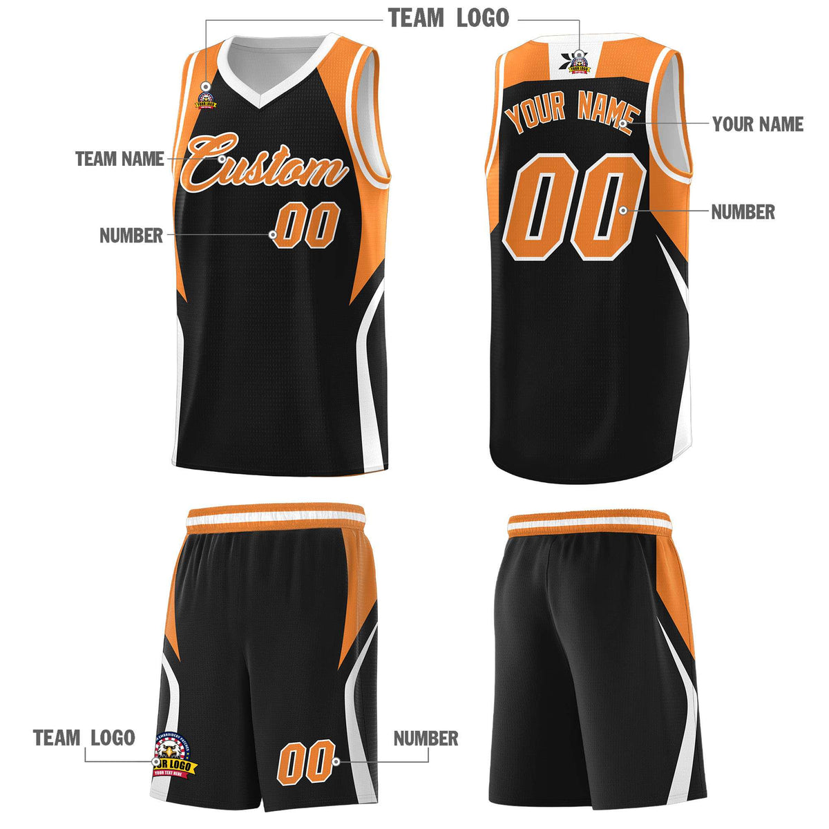 Custom Black Gold Orange and White Color Block Sports Uniform Basketball Jersey