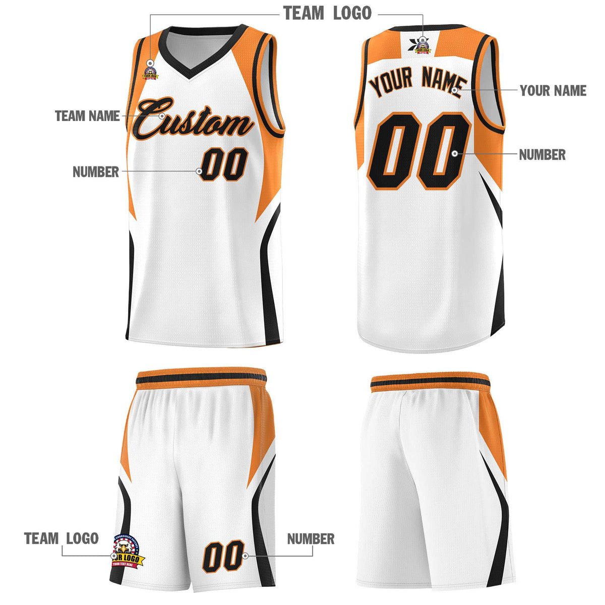 Custom White Gold Orange and Black Color Block Sports Uniform Basketball Jersey