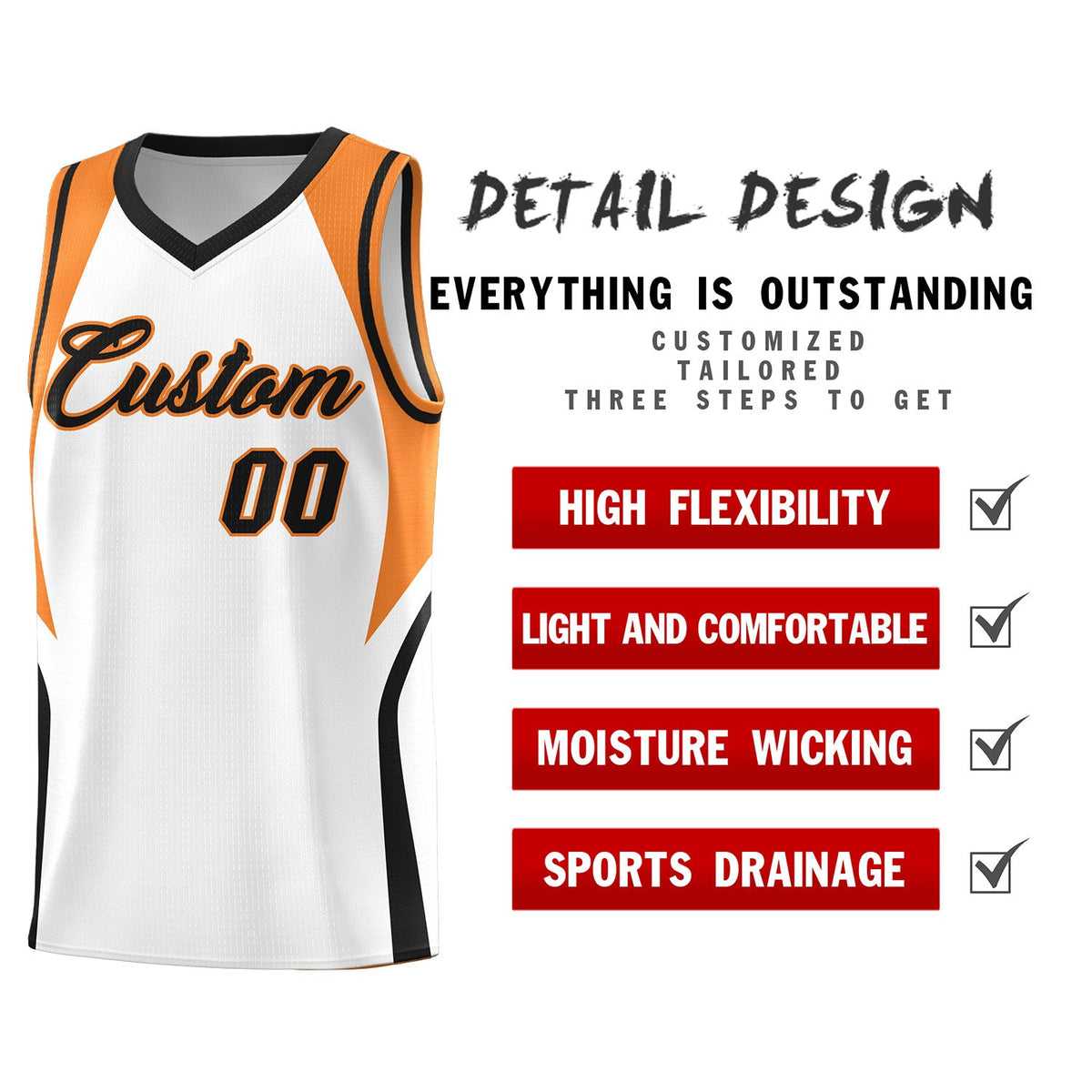 Custom White Gold Orange and Black Color Block Sports Uniform Basketball Jersey