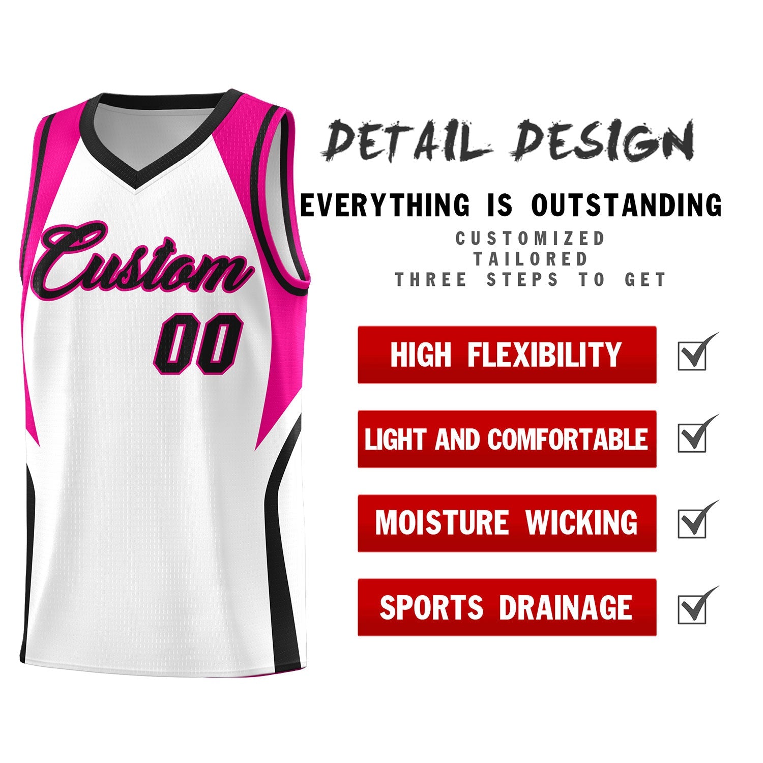 Custom White Pink and Black Color Block Sports Uniform Basketball Jersey