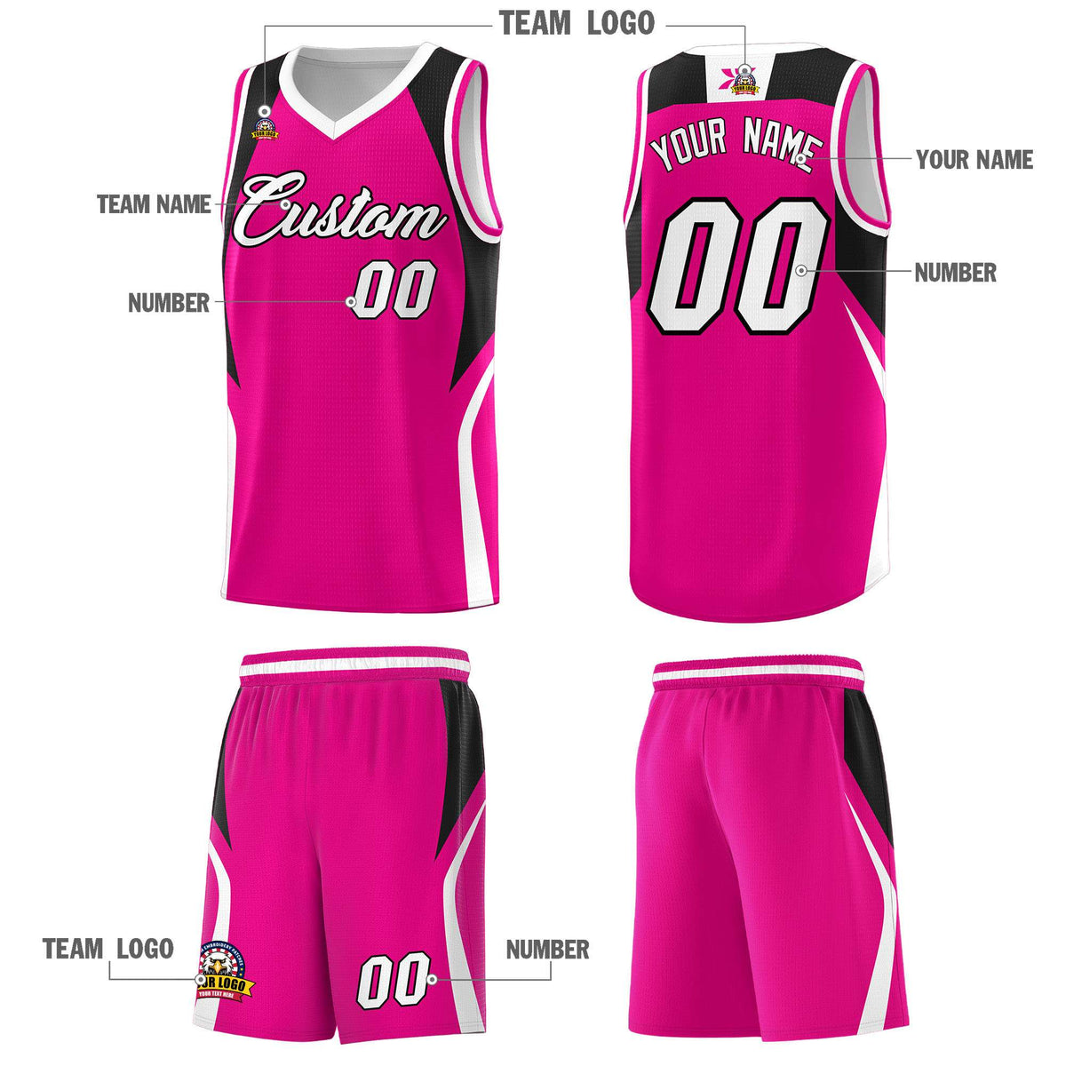 Custom Pink Black and White Color Block Sports Uniform Basketball Jersey