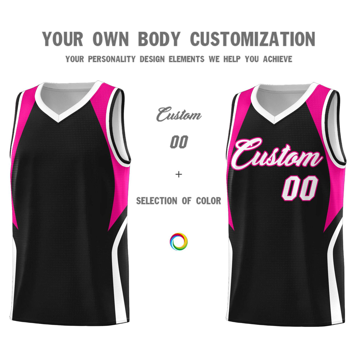 Custom Black Pink and White Color Block Sports Uniform Basketball Jersey