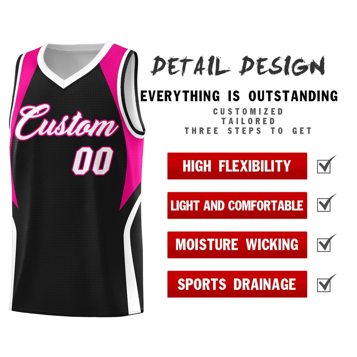 Custom Black Pink and White Color Block Sports Uniform Basketball Jersey