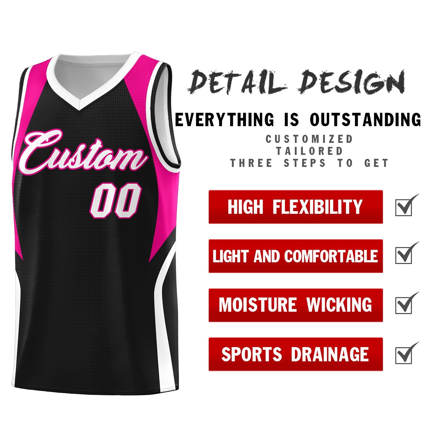 Custom Black Pink and White Color Block Sports Uniform Basketball Jersey