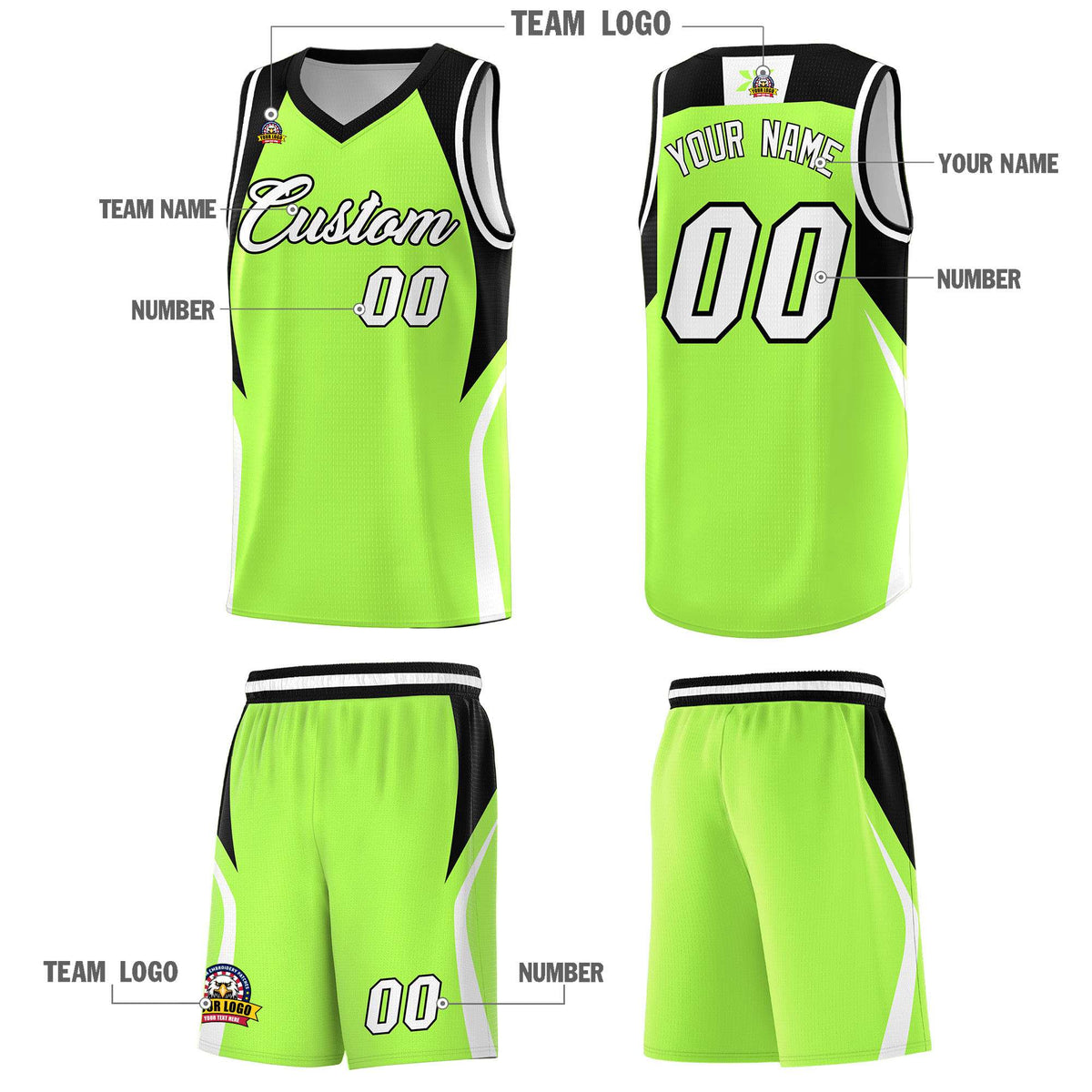 Custom Fluorescent Green Black and White Color Block Sports Uniform Basketball Jersey