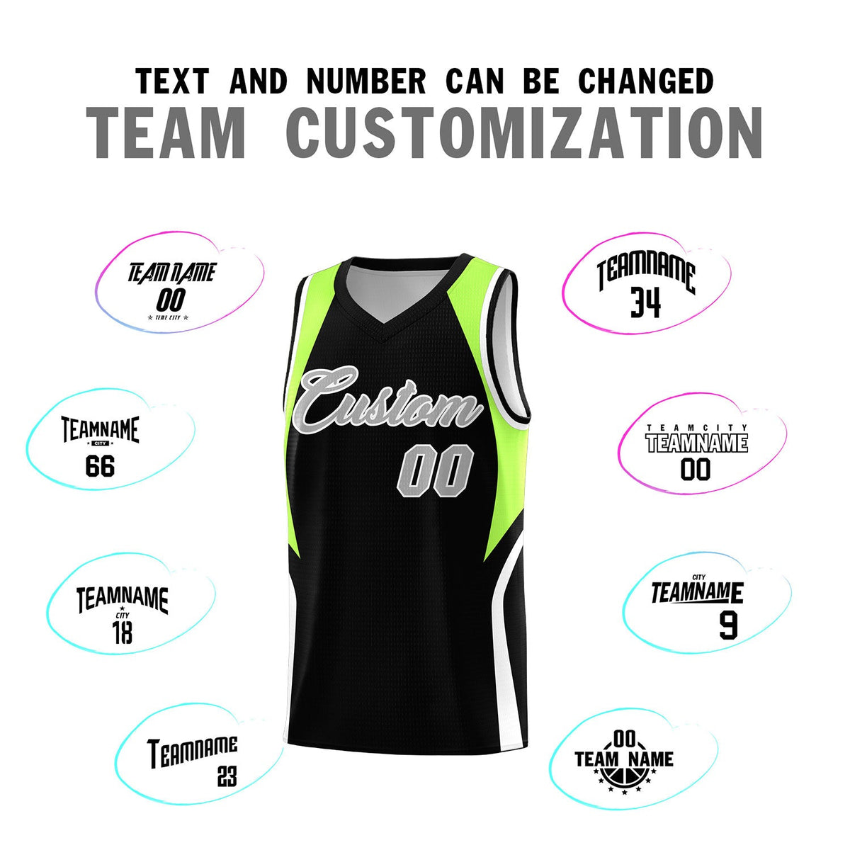 Custom Black Fluorescent Green and White Color Block Sports Uniform Basketball Jersey
