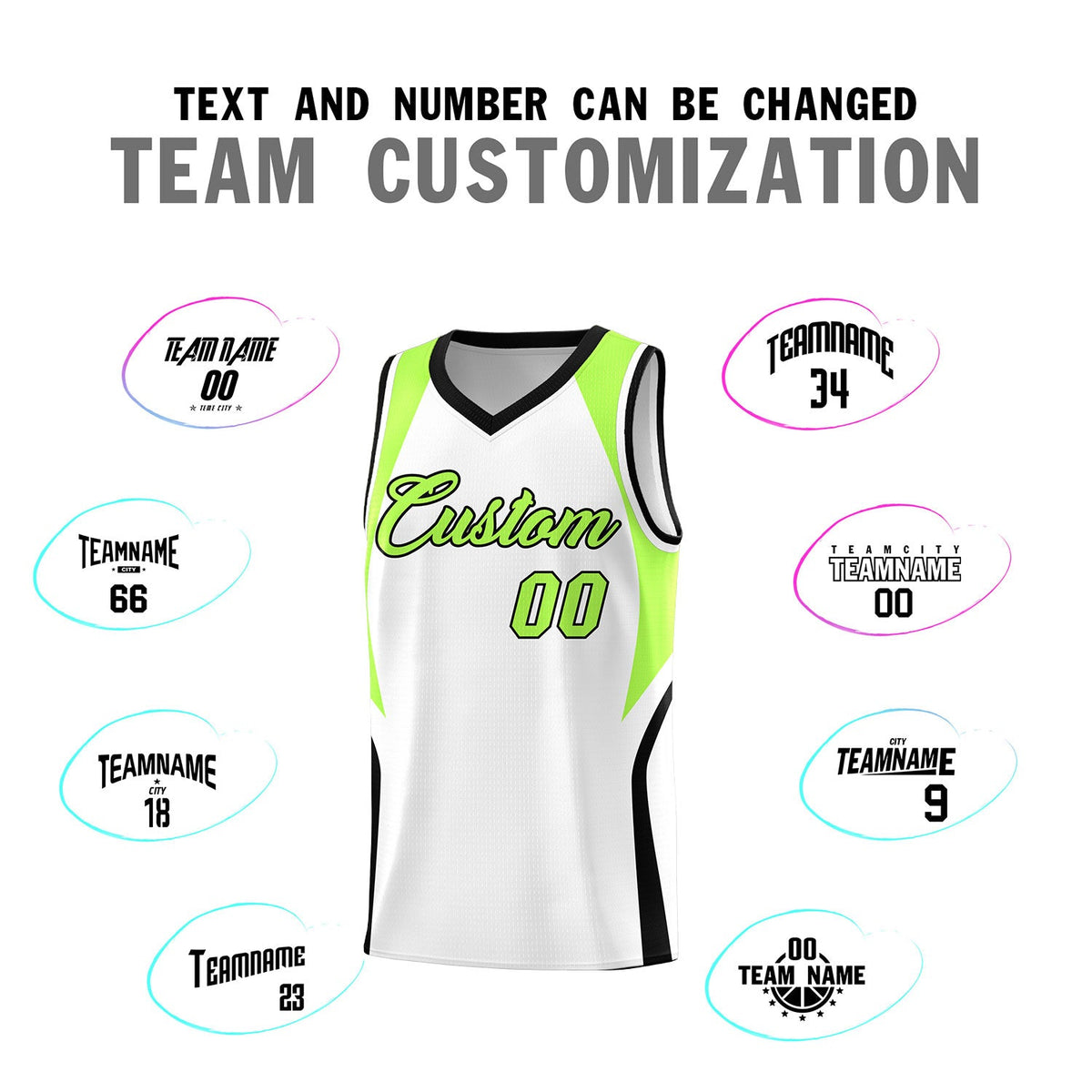 Custom White Fluorescent Green and Black Color Block Sports Uniform Basketball Jersey