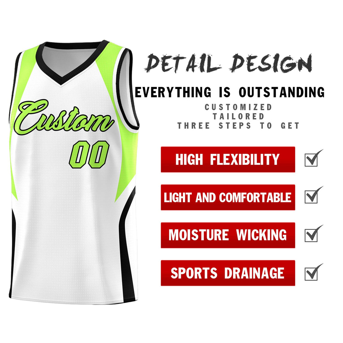 Custom White Fluorescent Green and Black Color Block Sports Uniform Basketball Jersey