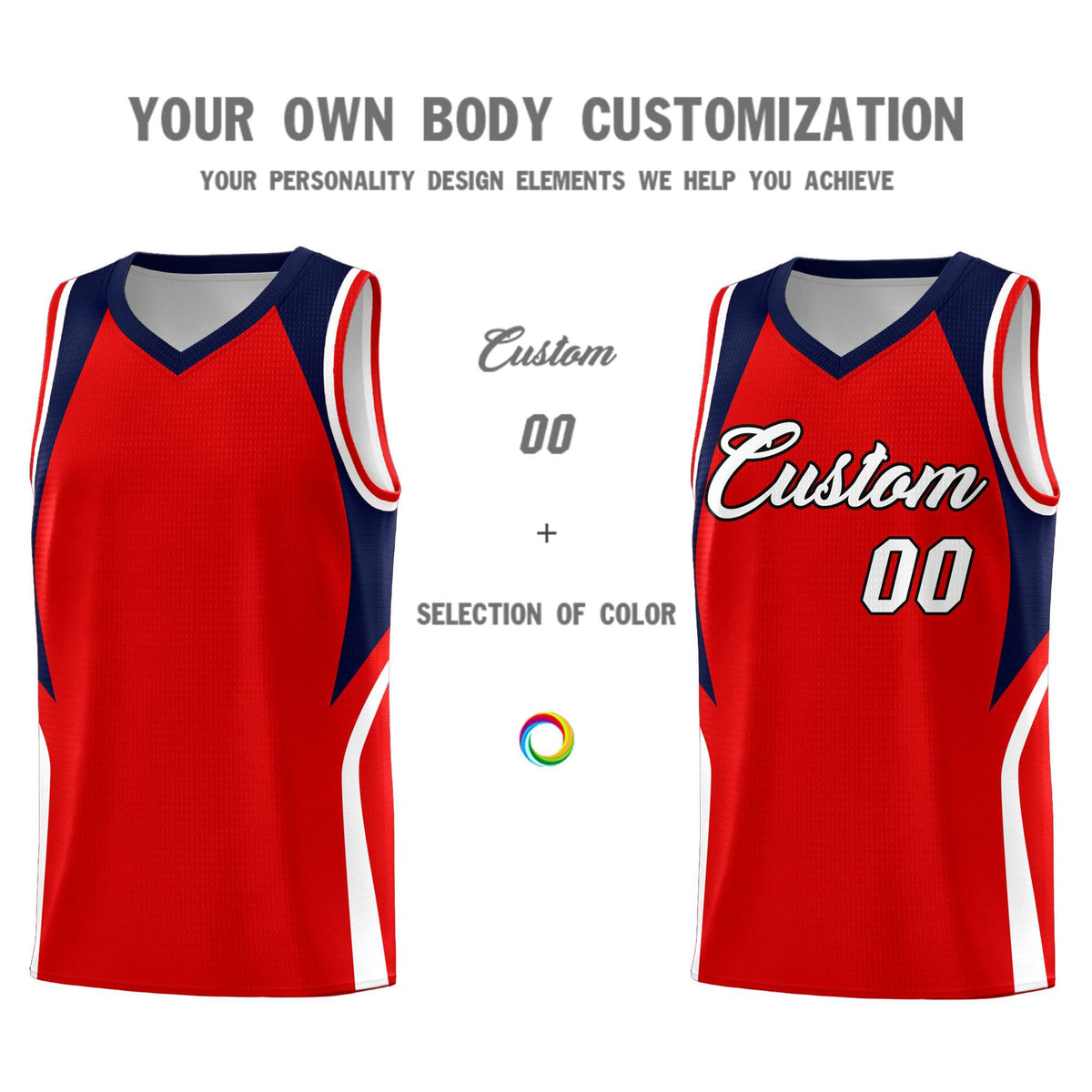 Custom Red Navy and White Color Block Sports Uniform Basketball Jersey