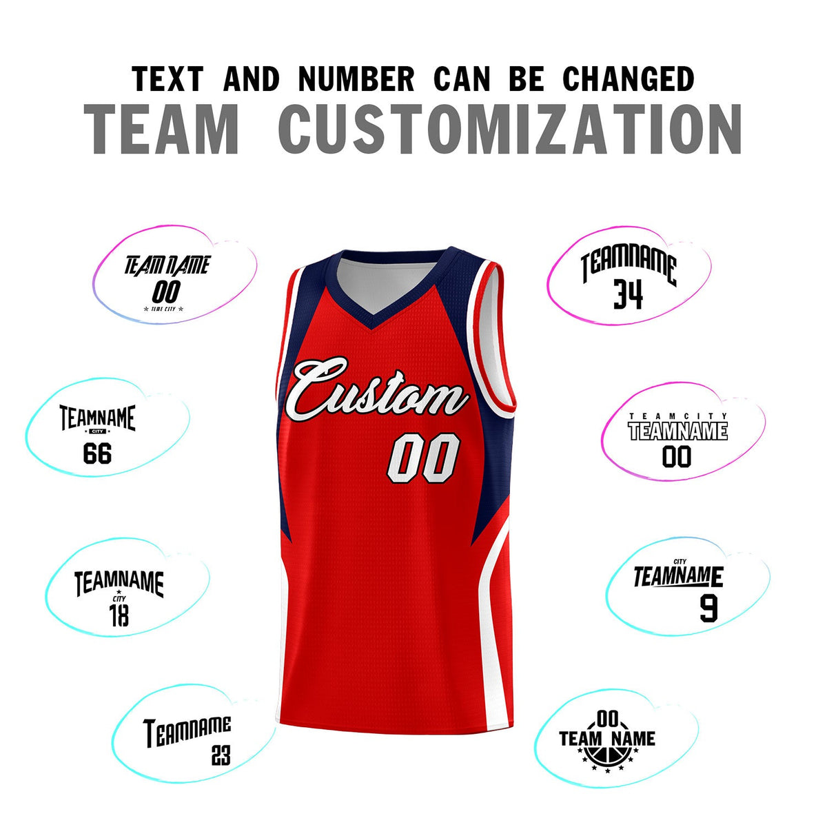Custom Red Navy and White Color Block Sports Uniform Basketball Jersey