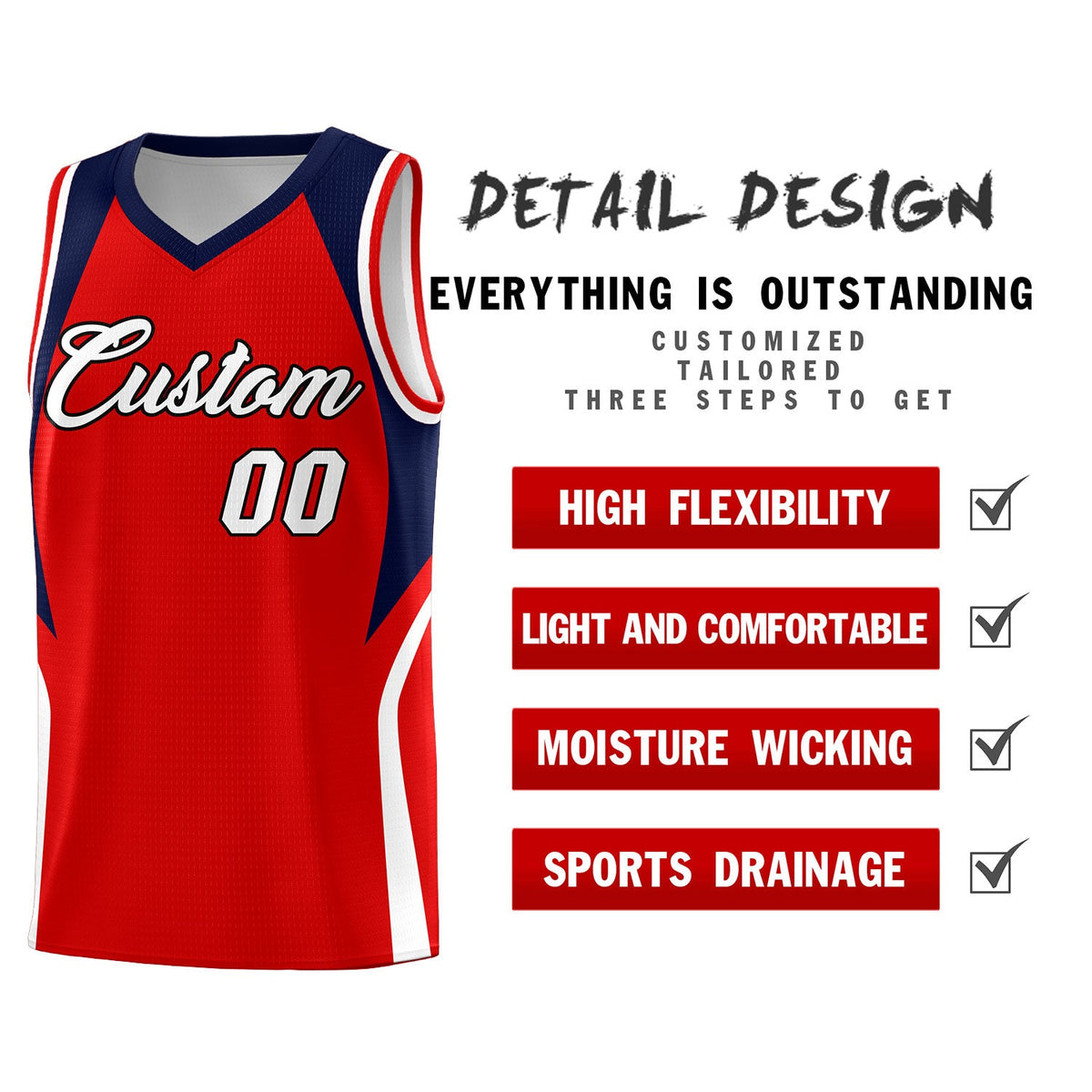 Custom Red Navy and White Color Block Sports Uniform Basketball Jersey