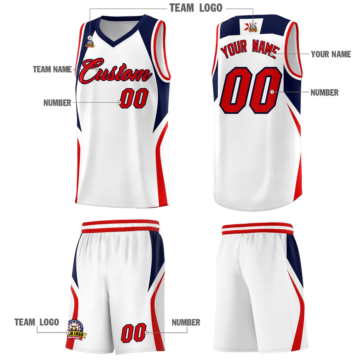 Custom White Navy and Red Color Block Sports Uniform Basketball Jersey