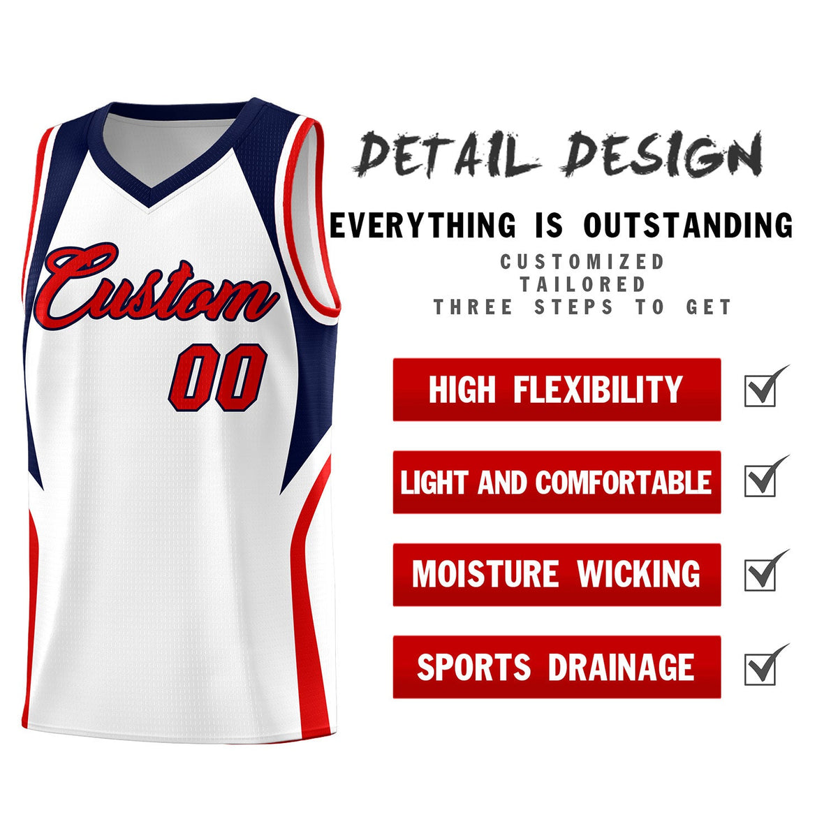 Custom White Navy and Red Color Block Sports Uniform Basketball Jersey