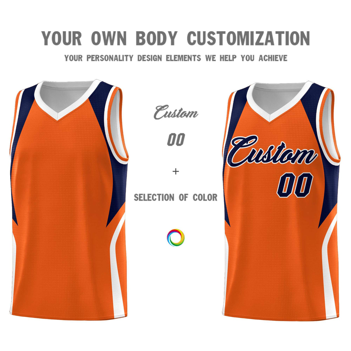 Custom Orange Navy and White Color Block Sports Uniform Basketball Jersey