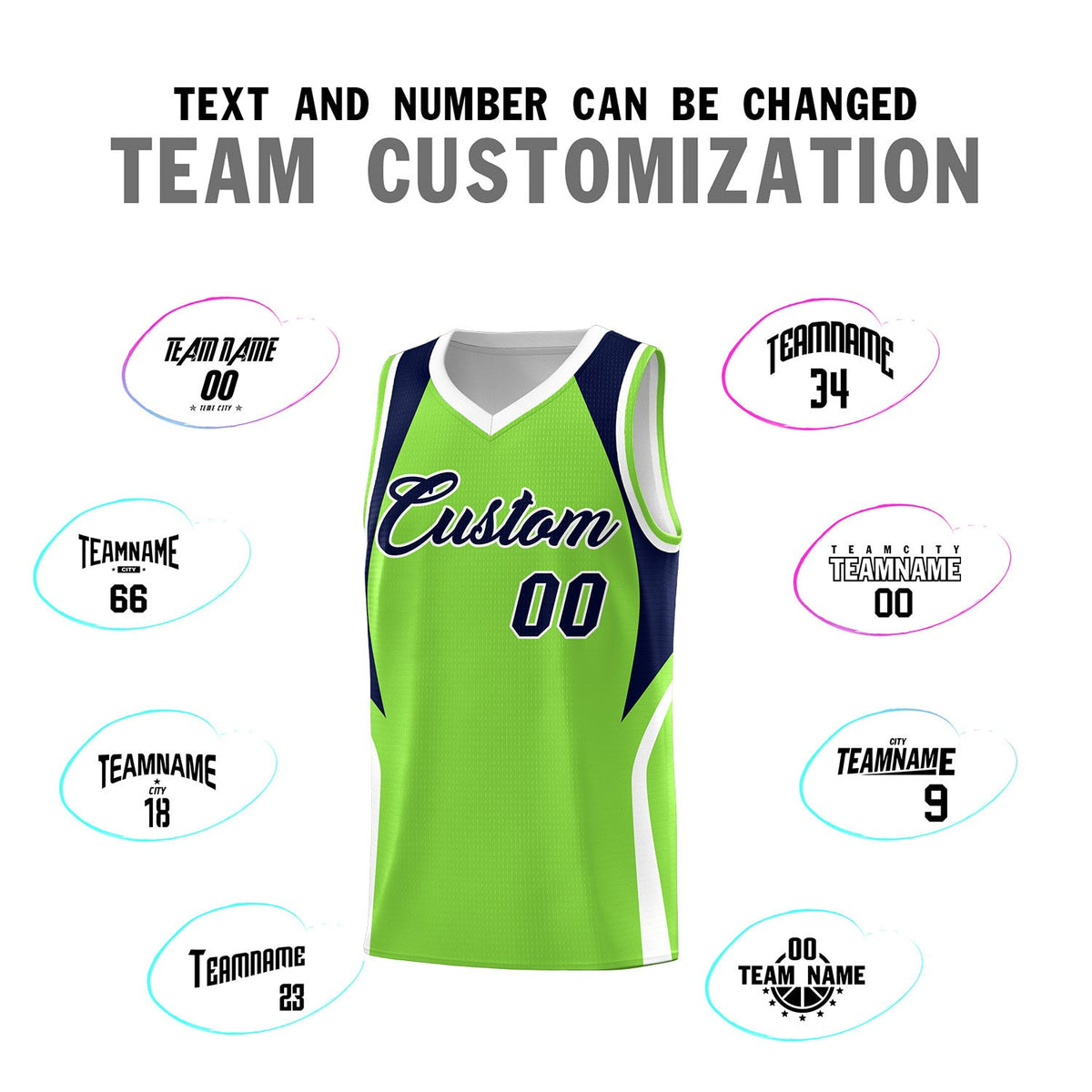 Custom Neon Green Navy and White Color Block Sports Uniform Basketball Jersey