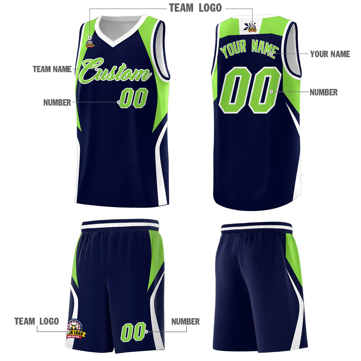 Custom Navy Neon Green and White Color Block Sports Uniform Basketball Jersey
